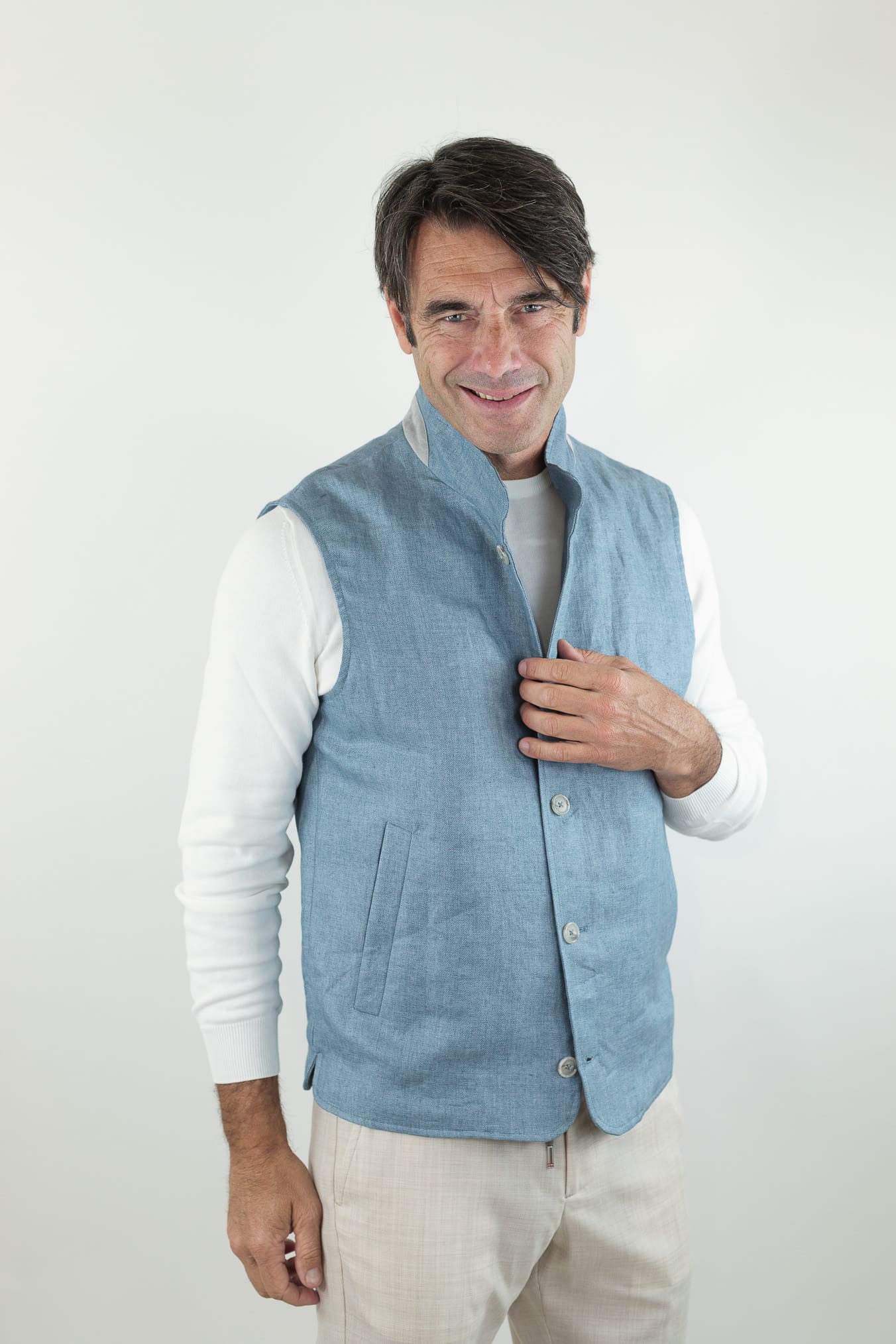 BARBA Gilet in Lino Azzurro