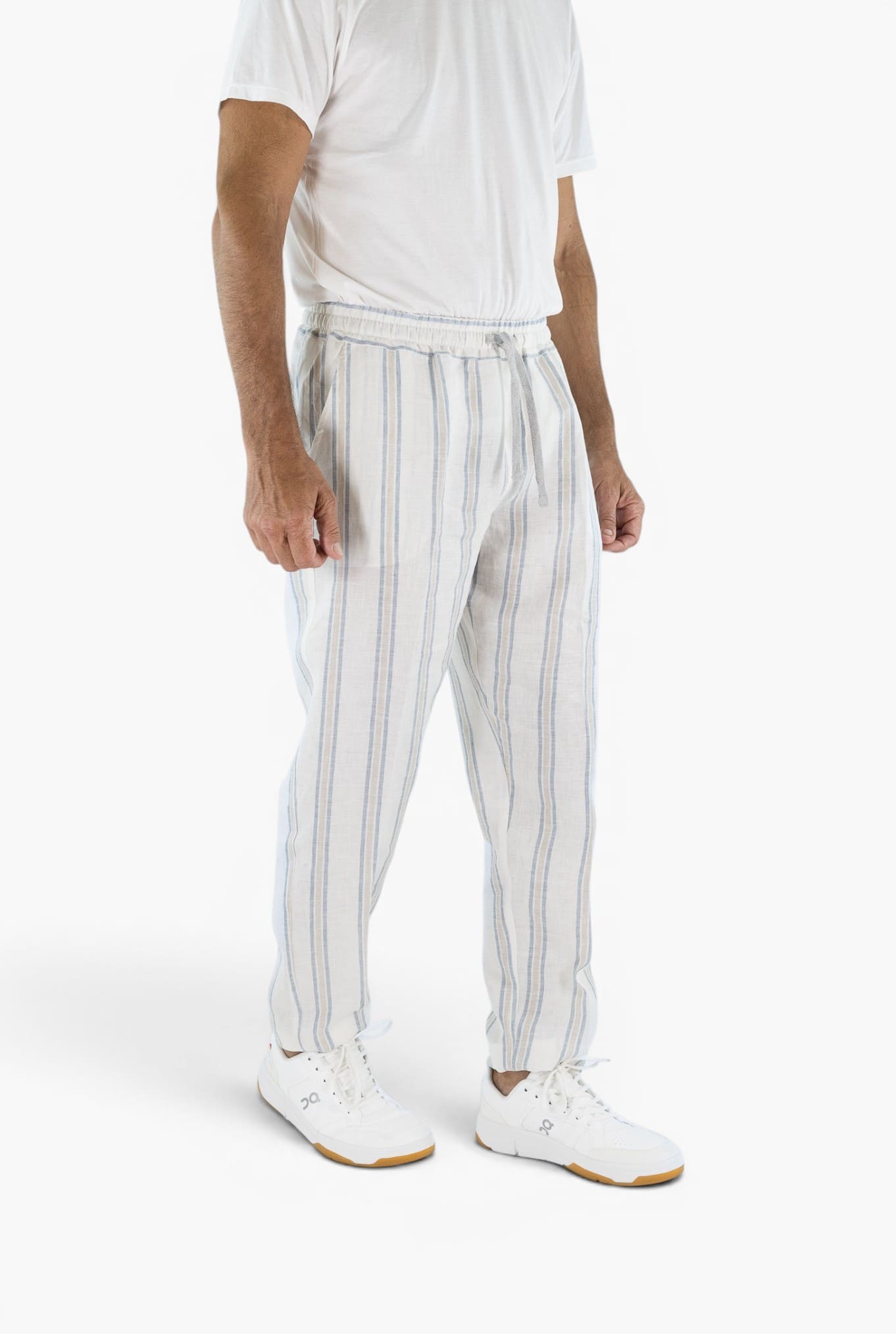 FEDELI Pantaloni Lino Rigato Comfort "Bonifacio" Bianco-Blu/Beige