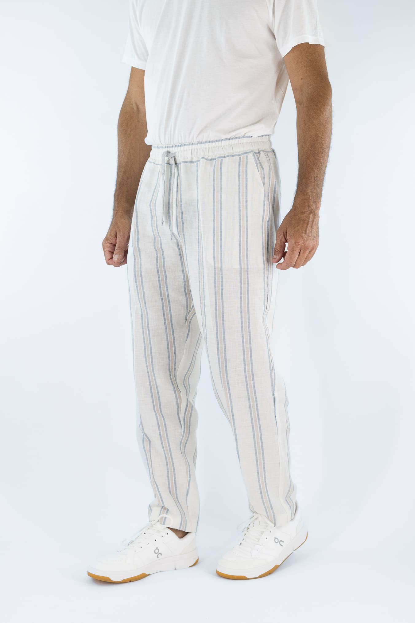 FEDELI Pantaloni Lino Rigato Comfort "Bonifacio" Bianco-Blu/Beige