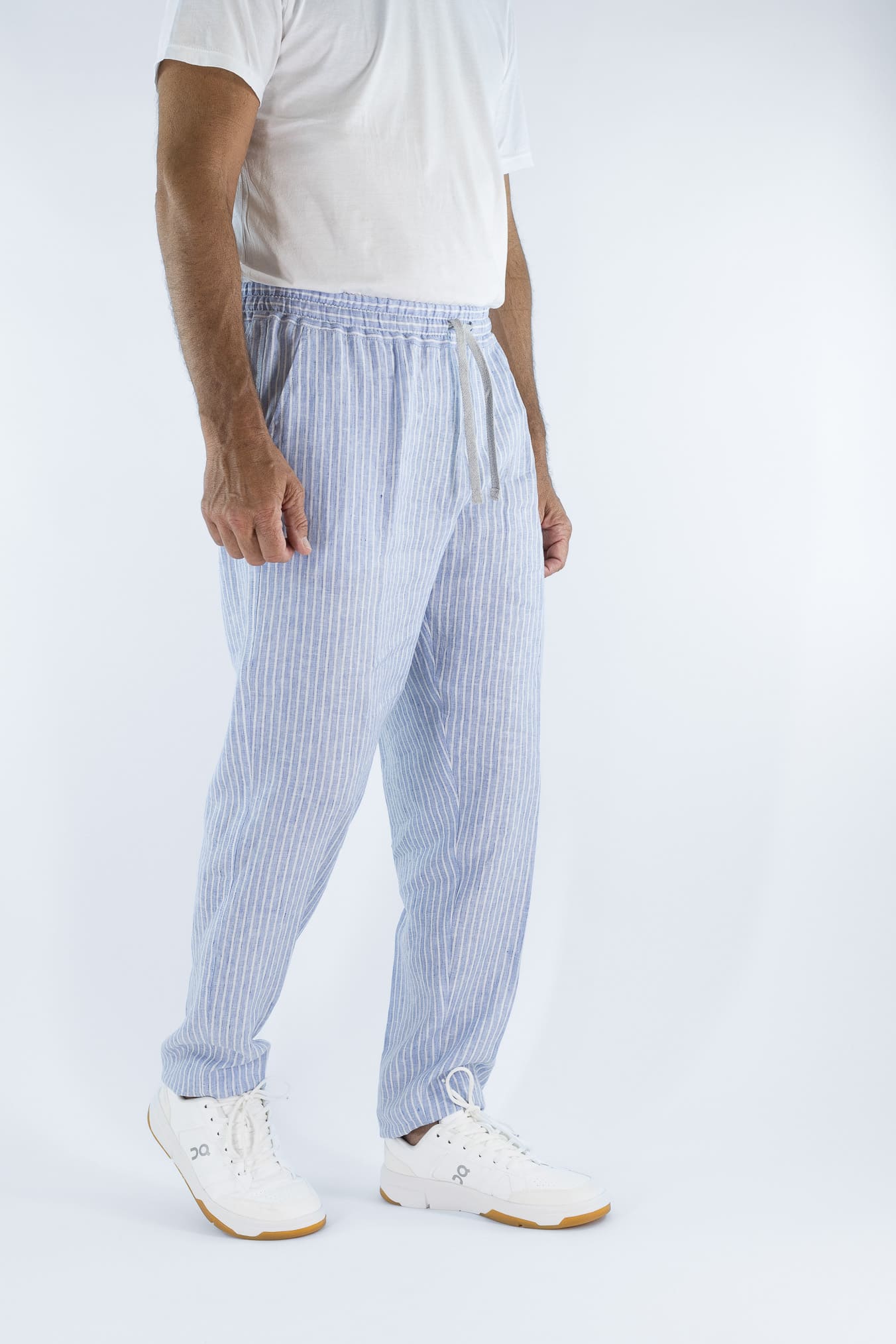 FEDELI Pantaloni Lino Rigato Comfort "Bonifacio" Celeste/Bianco