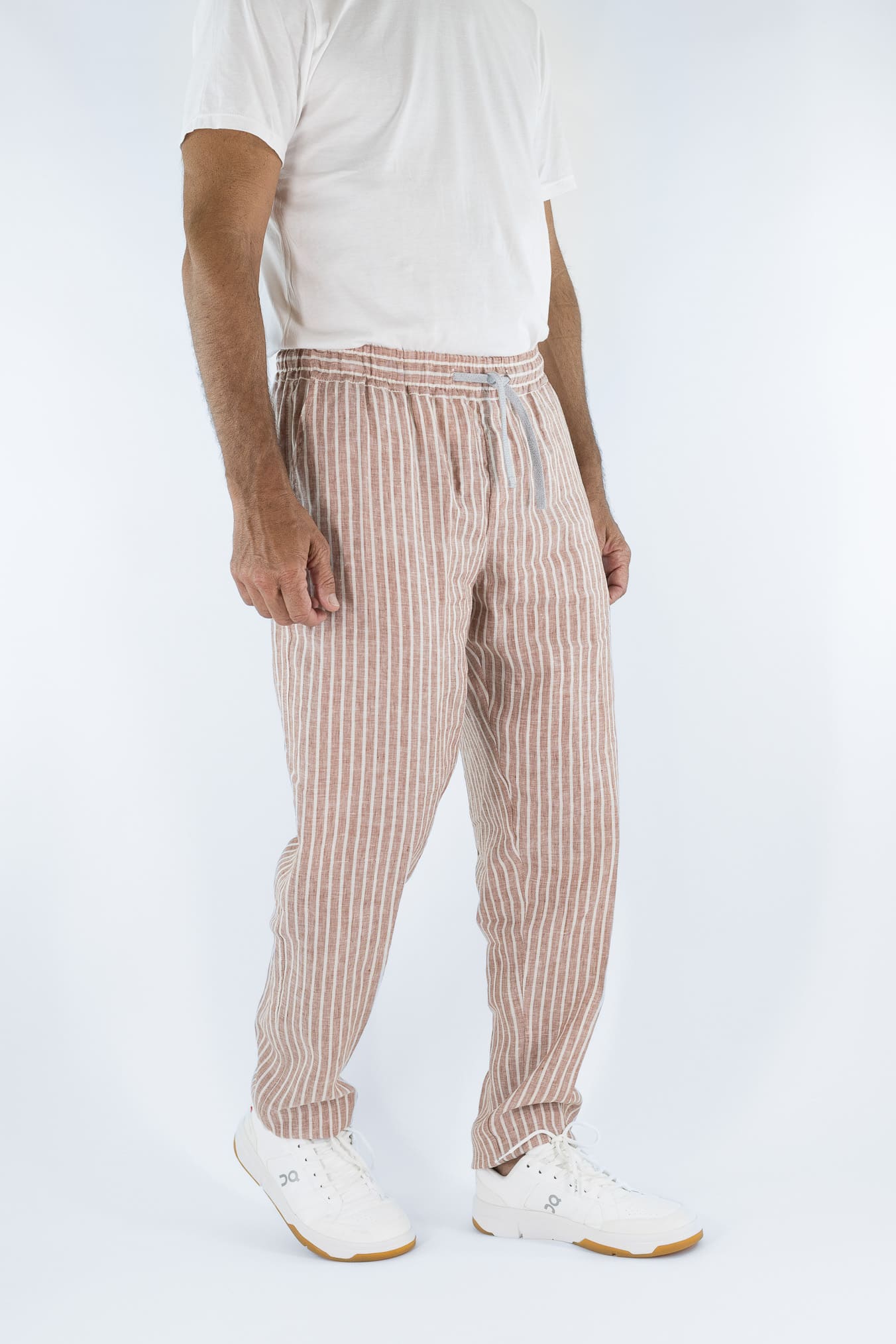 FEDELI Pantaloni Lino Rigato Comfort "Bonifacio" Marrone/Bianco