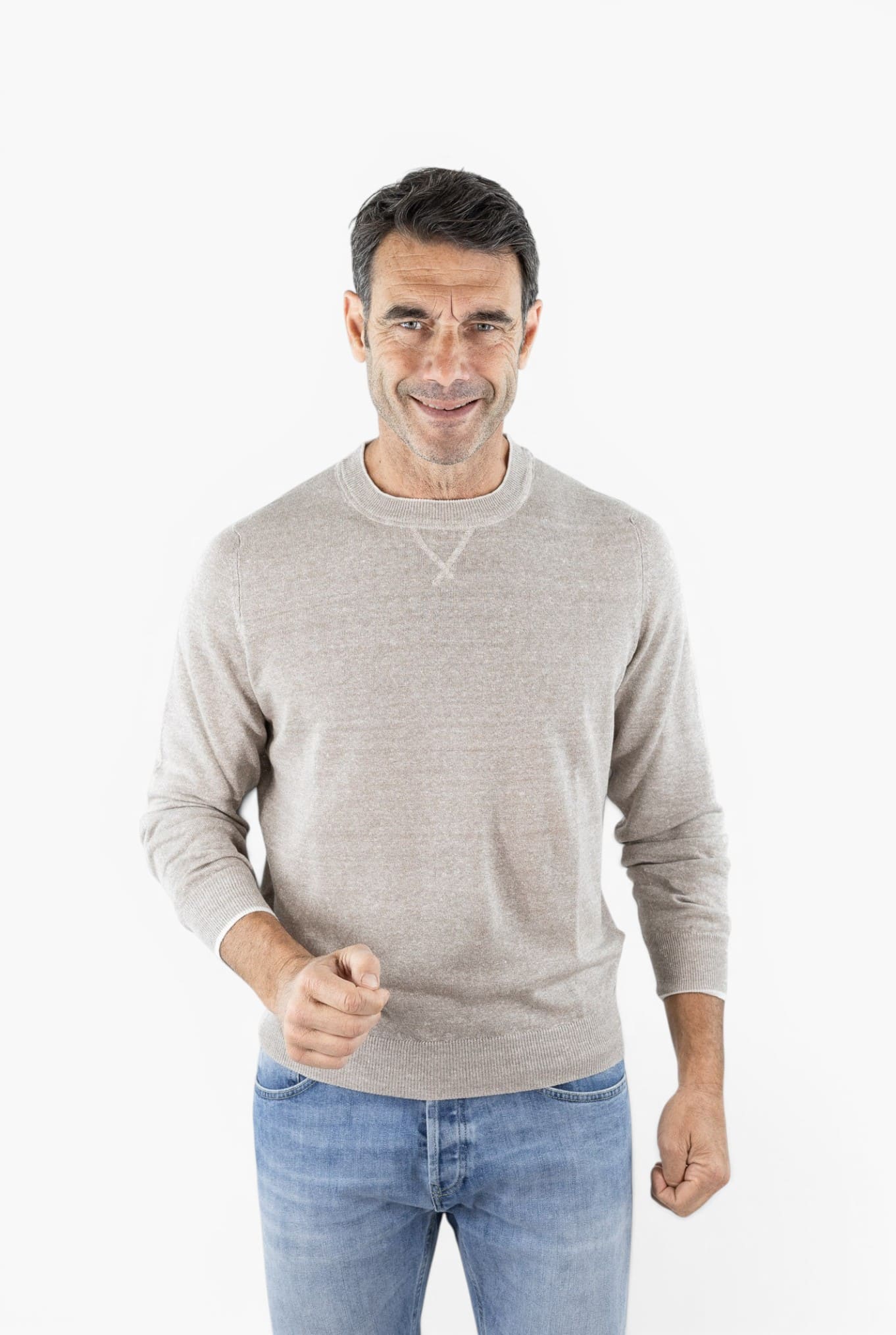 FEDELI Girocollo "David" Lino Cotone Bicolore Beige