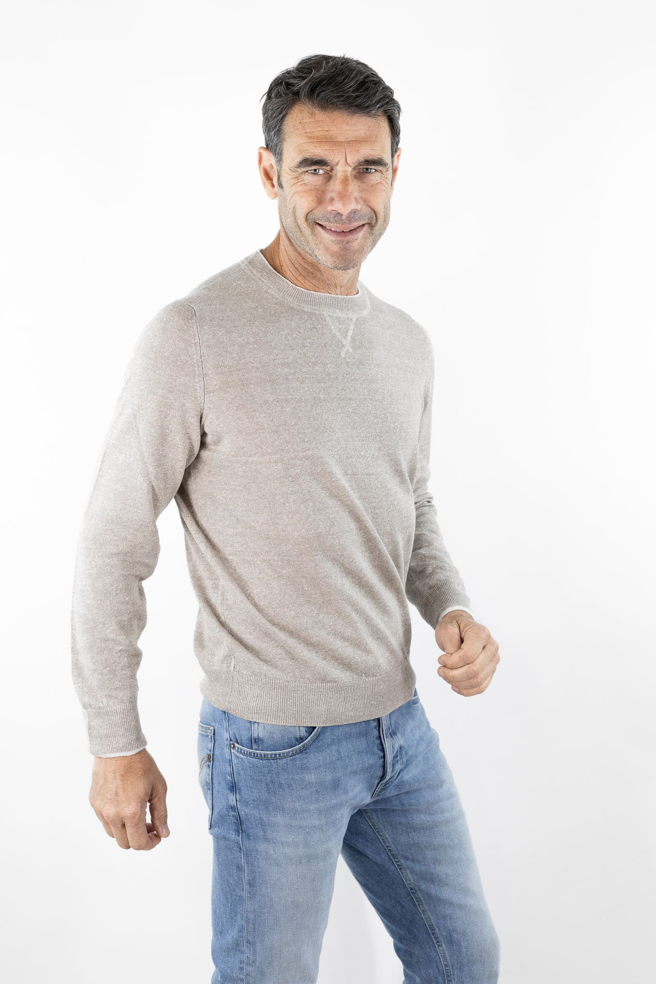 FEDELI Girocollo "David" Lino Cotone Bicolore Beige