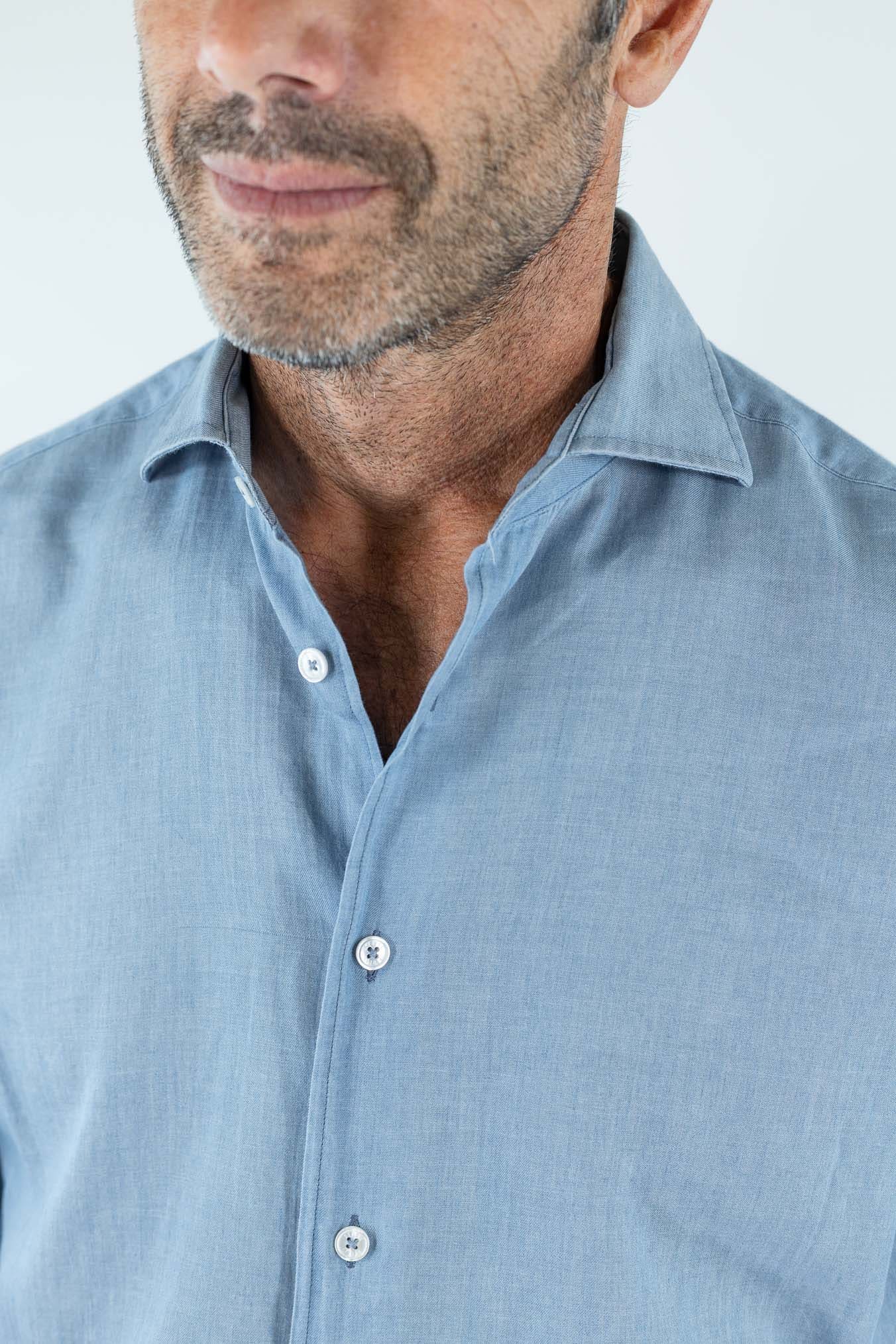 FEDELI Camicia "Sean" Panamino Voile Denim Chiaro