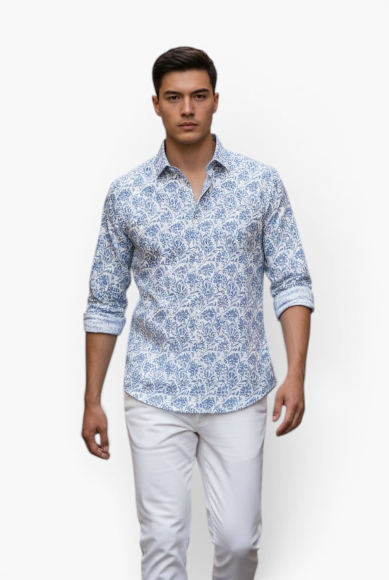 FEDELI Camicia "Sean" Panamino Voile Cotone Fantasia Blu