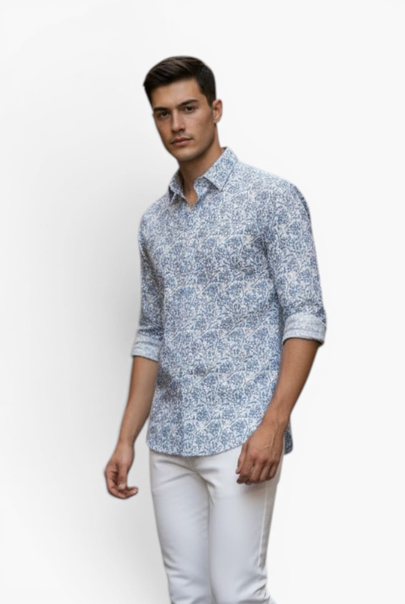 FEDELI Camicia "Sean" Panamino Voile Cotone Fantasia Blu