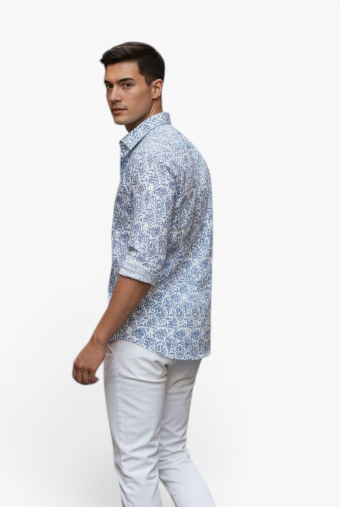 FEDELI Camicia "Sean" Panamino Voile Cotone Fantasia Blu