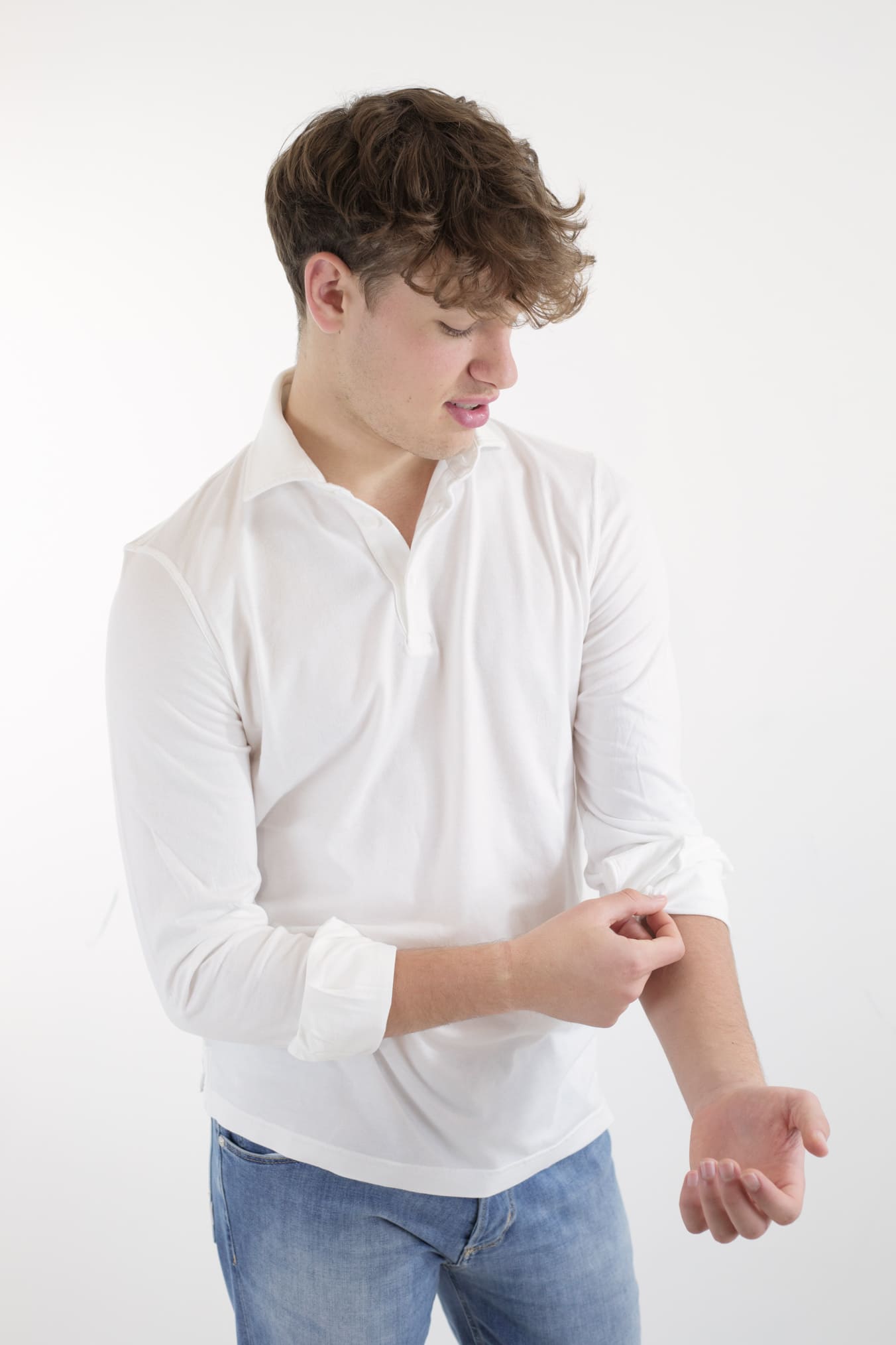 FEDELI Polo Maniche Lunghe Jersey Cotone Bianco