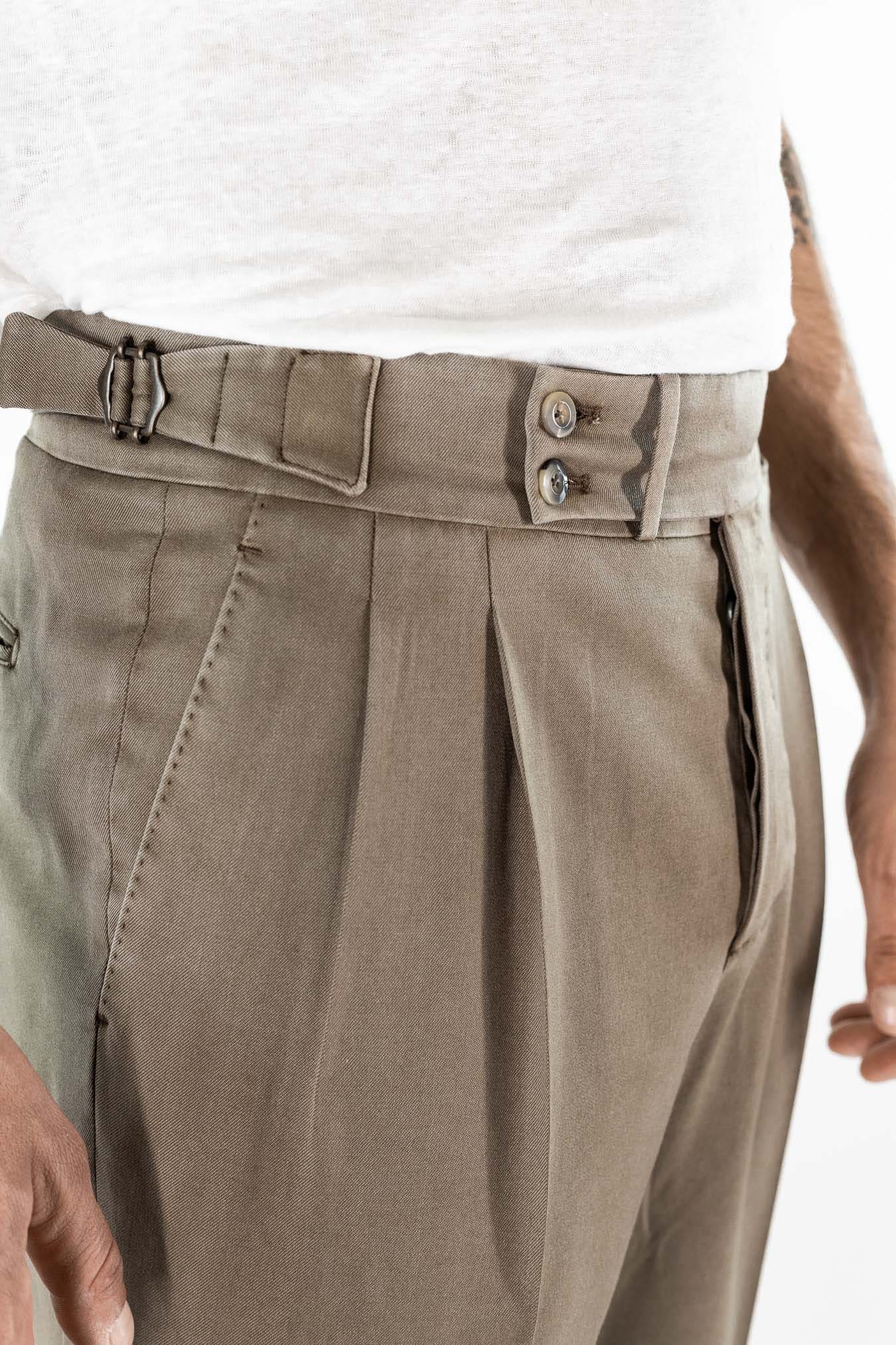 GUARINO Pantaloni Doppia Fibbia Vita Alta Fango