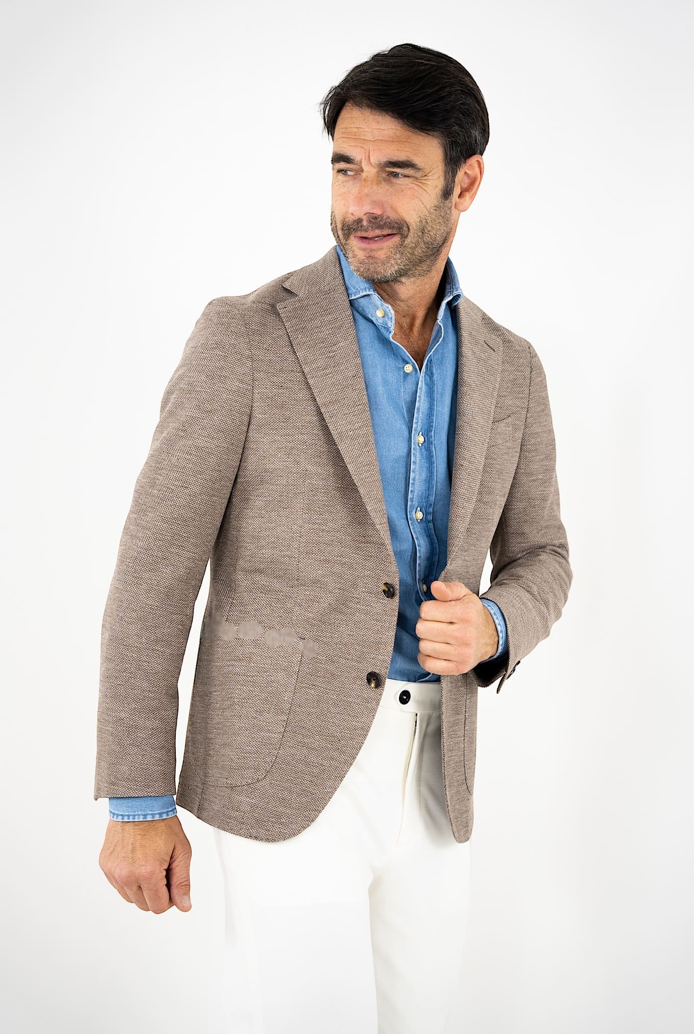 GUARINO Giacca in Jersey di Lino e Cotone Nocciola Mélange