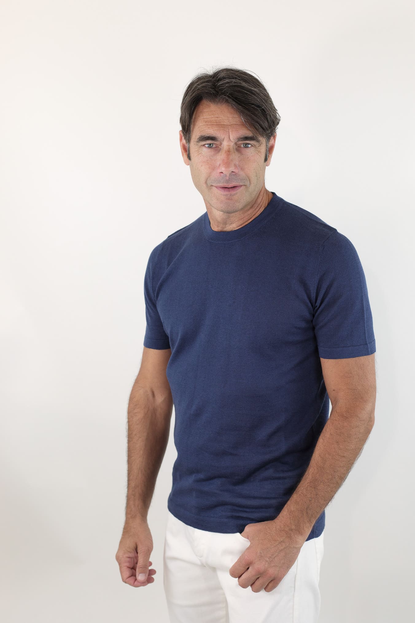 GUARINO T-Shirt Sartoriale Lino Cotone Blu Oceano