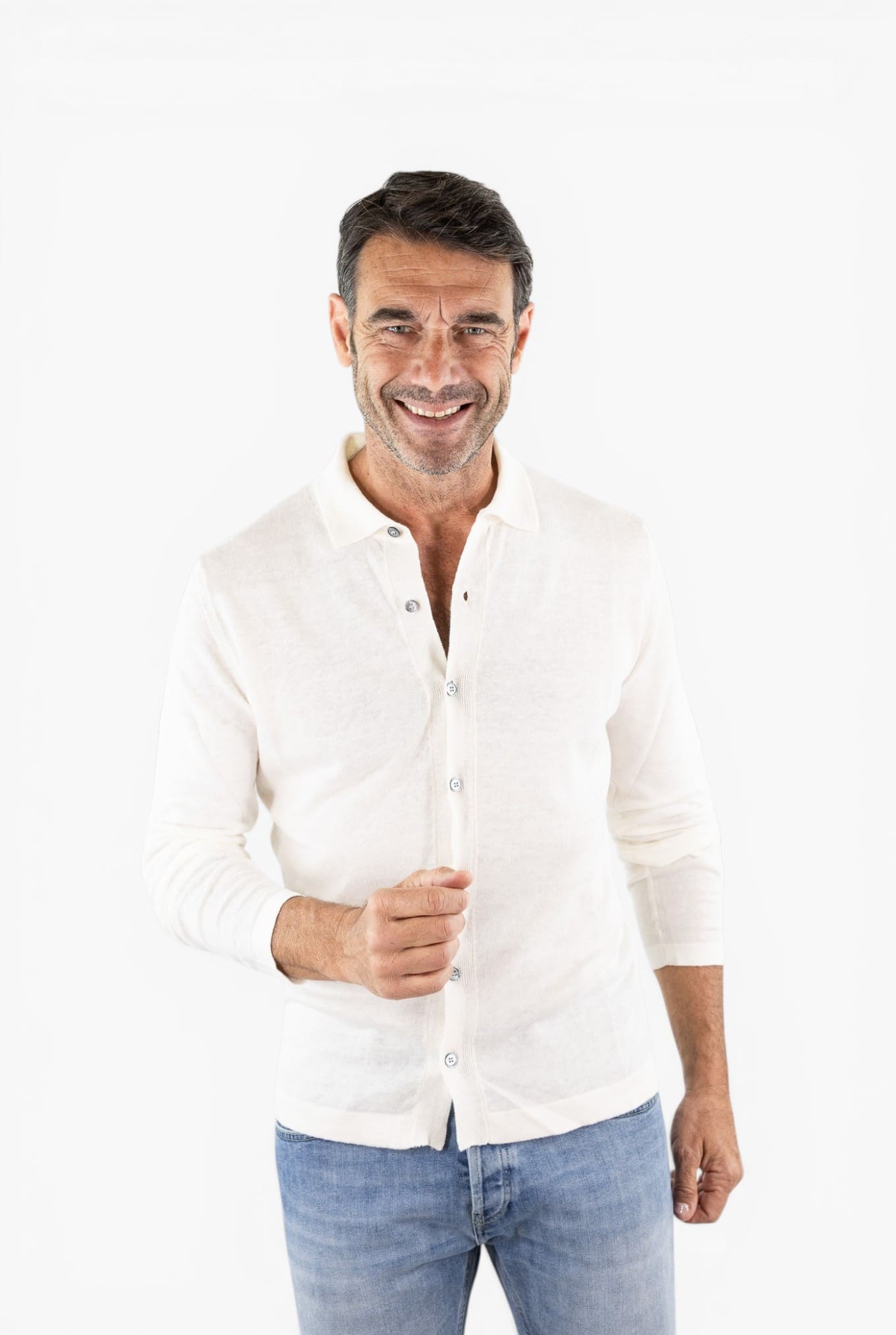 GUARINO Camicia Jersey Lino Cotone Bianco Mélange