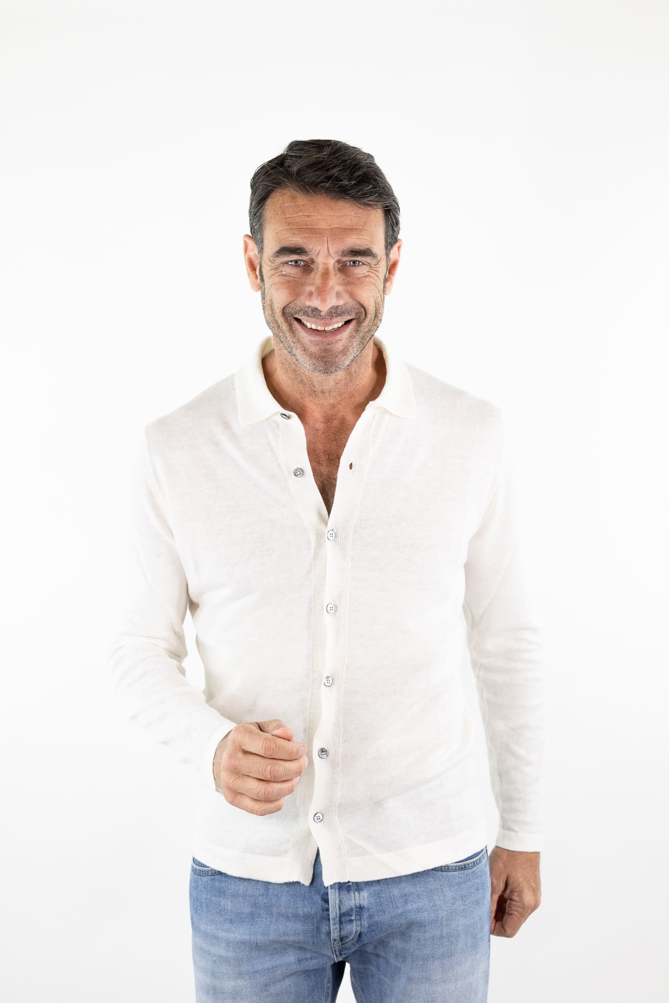 GUARINO Camicia Jersey Lino Cotone Bianco Mélange