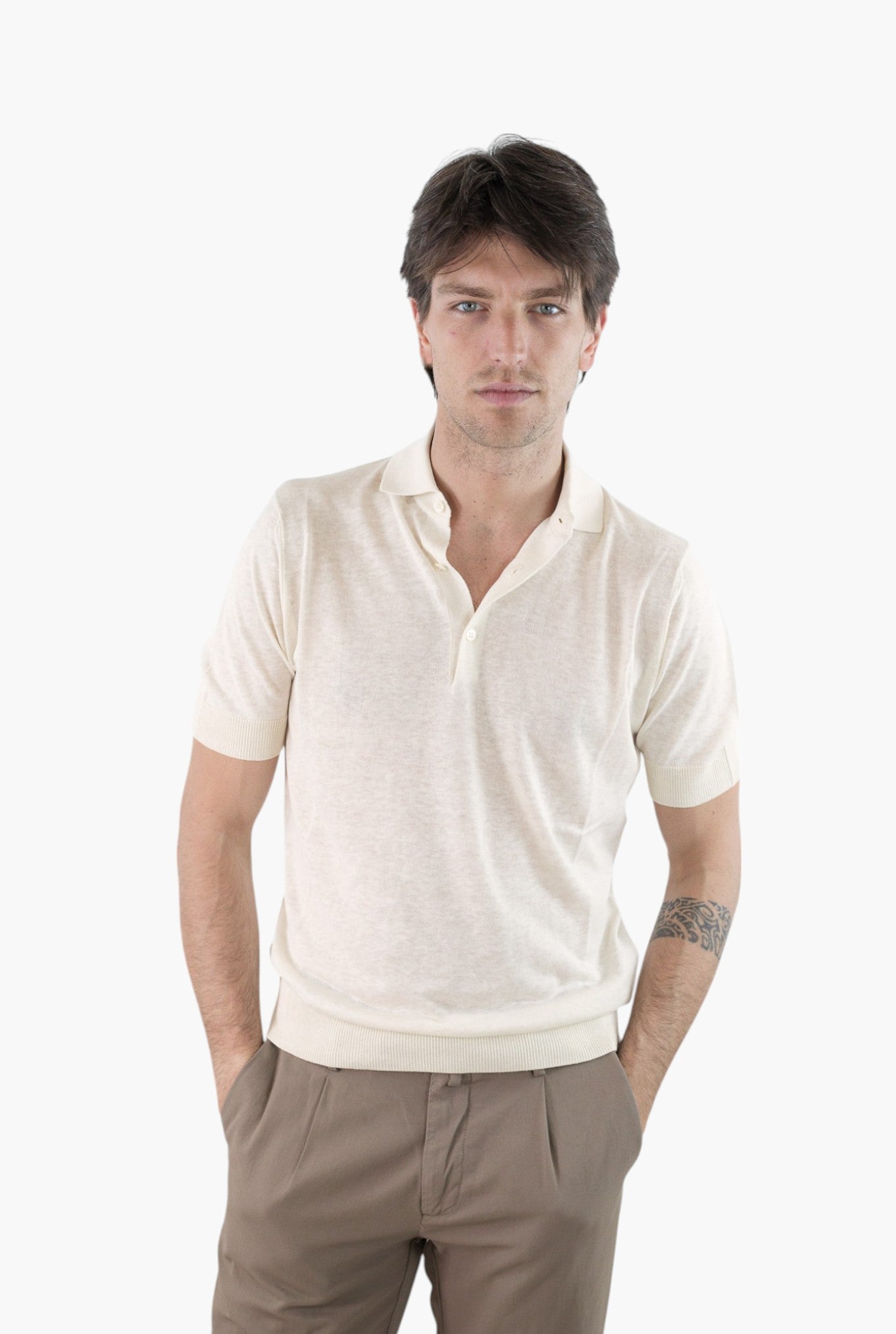 GUARINO Polo Maniche Corte Seta Lino Bianco Lana