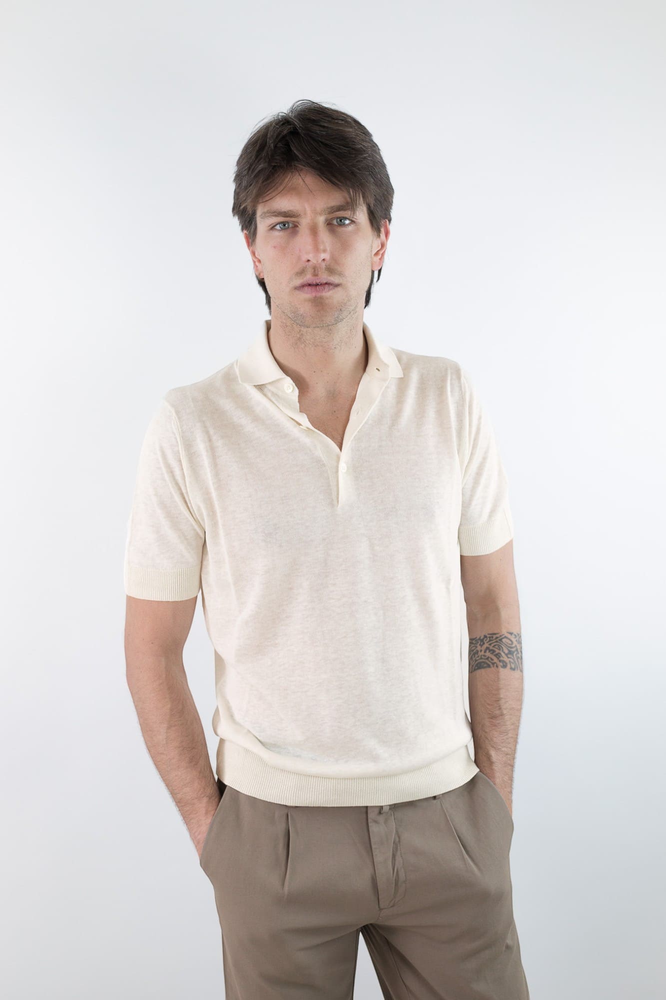 GUARINO Polo Maniche Corte Seta Lino Bianco Lana