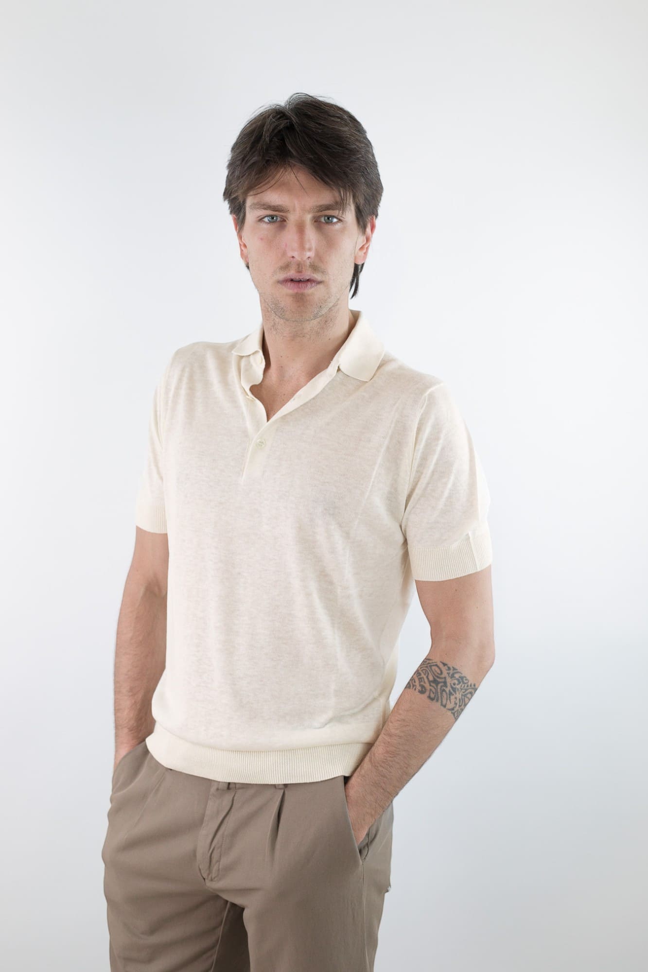 GUARINO Polo Maniche Corte Seta Lino Bianco Lana