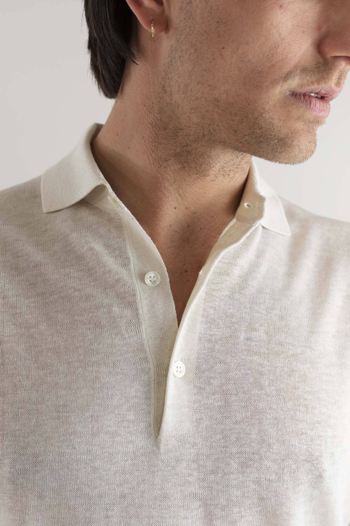 GUARINO Polo Maniche Corte Seta Lino Bianco Lana