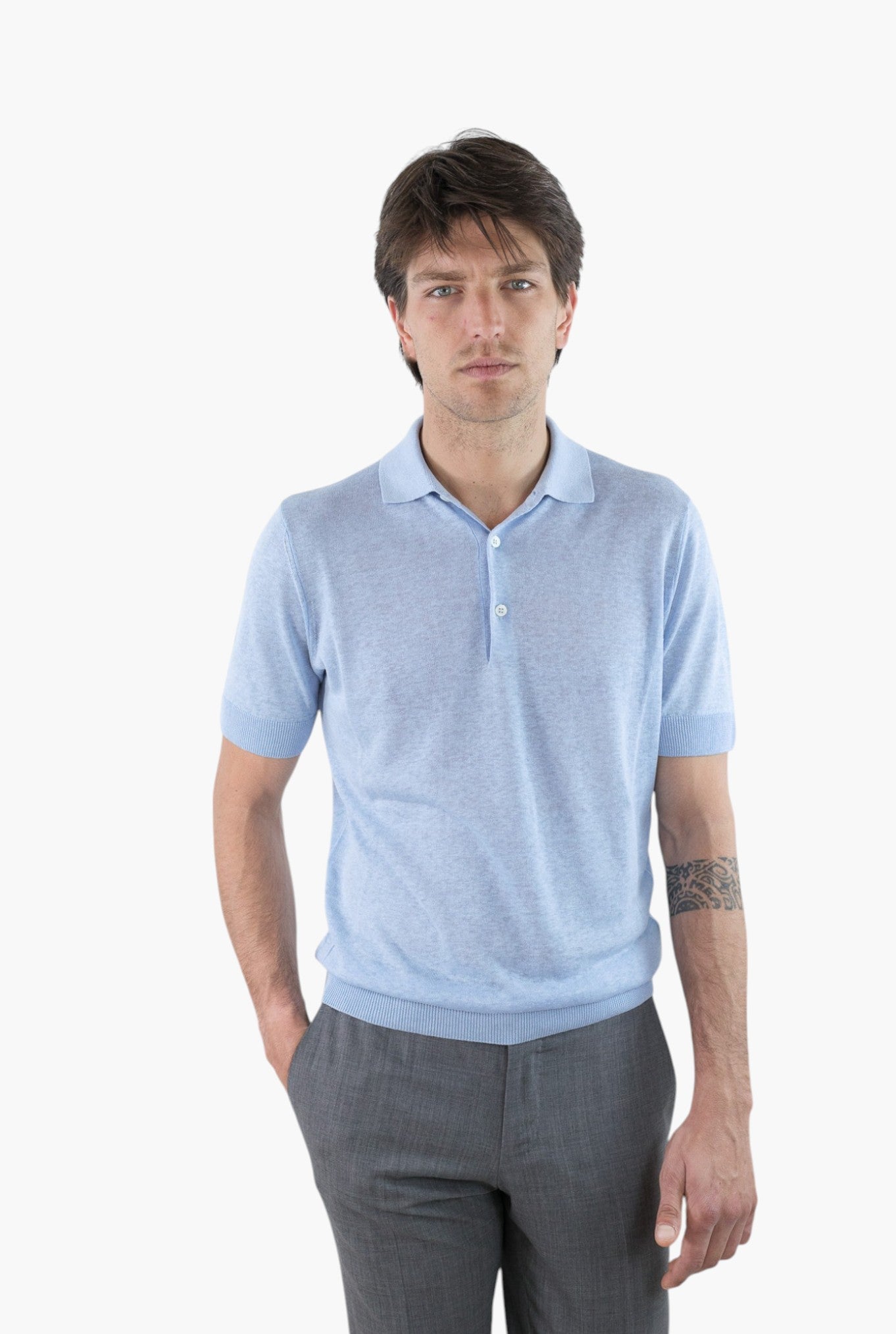 GUARINO Polo Maniche Corte Seta Lino Celeste