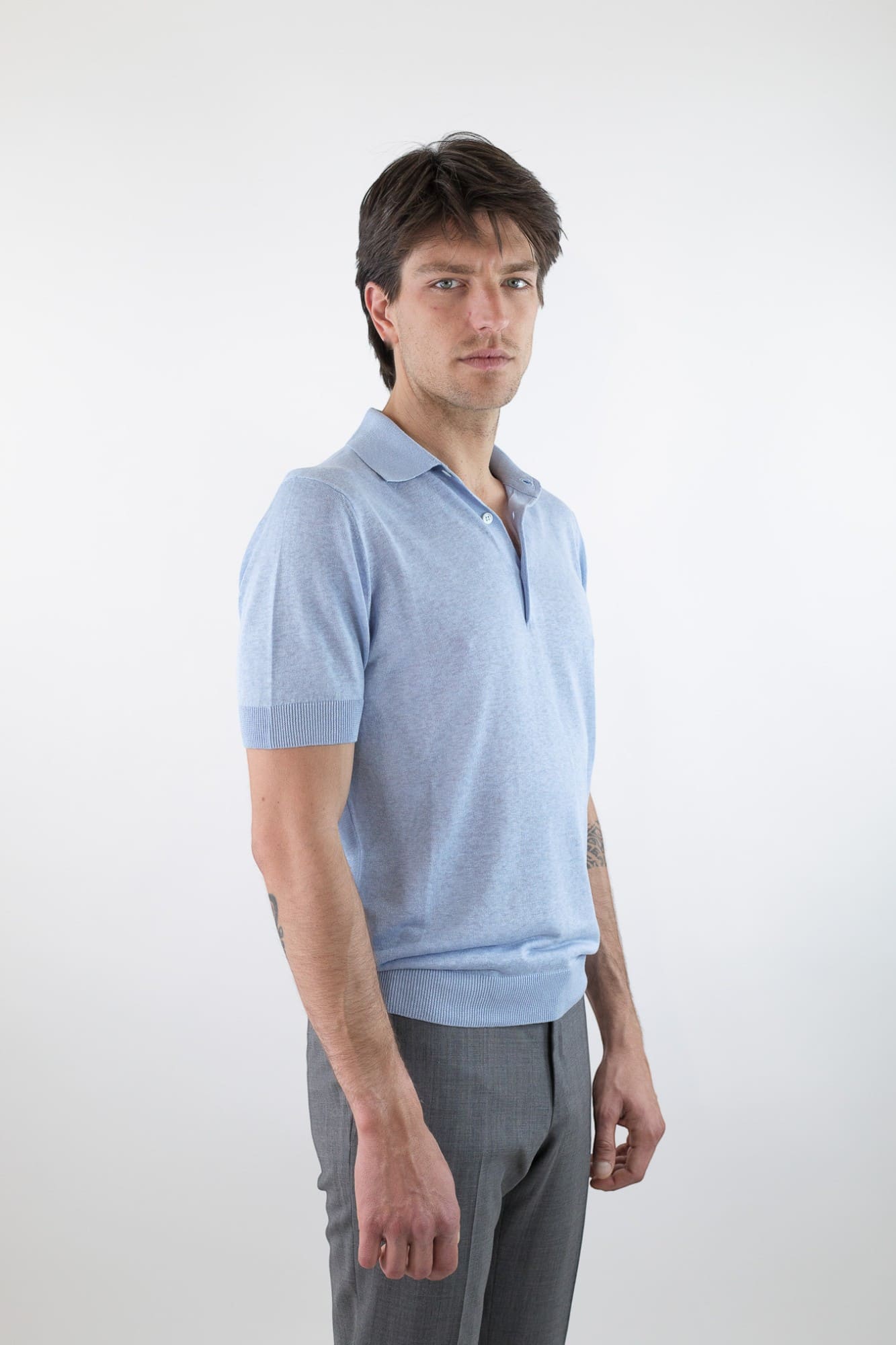 GUARINO Polo Maniche Corte Seta Lino Celeste