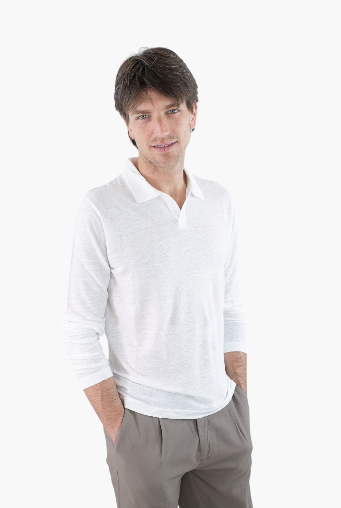 GUARINO Polo Skipper Maniche Lunghe Lino Bianco