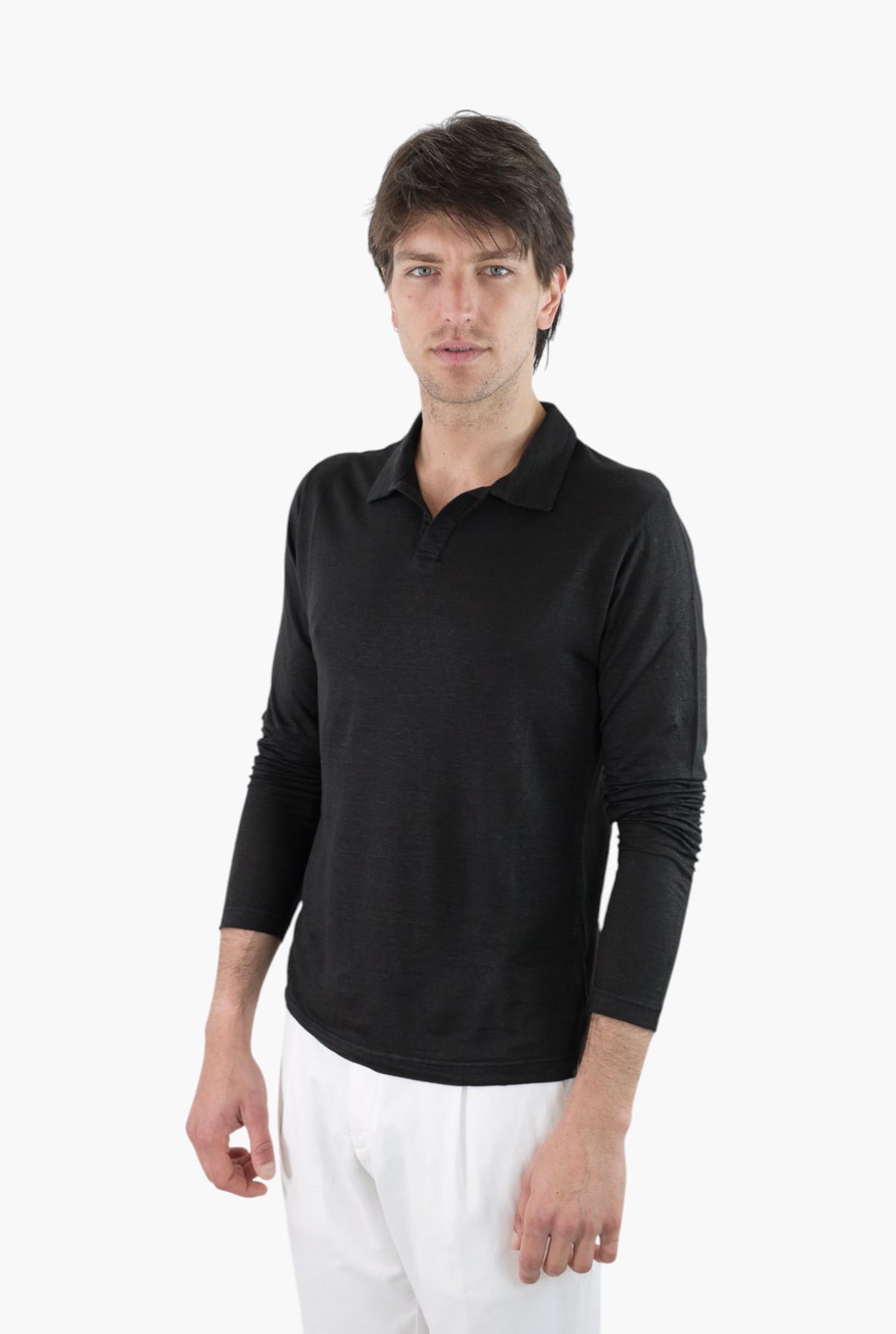 GUARINO Polo Skipper Maniche Lunghe Lino Nero