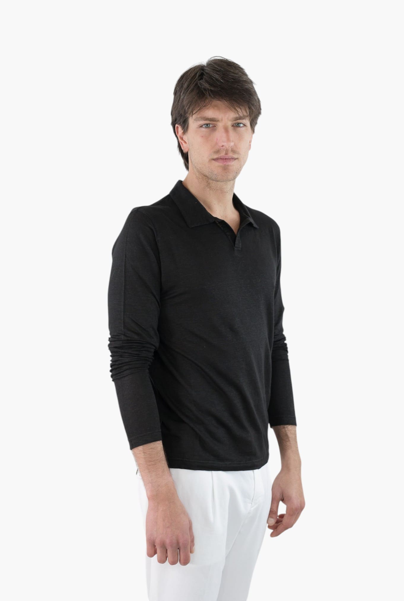 GUARINO Polo Skipper Maniche Lunghe Lino Nero