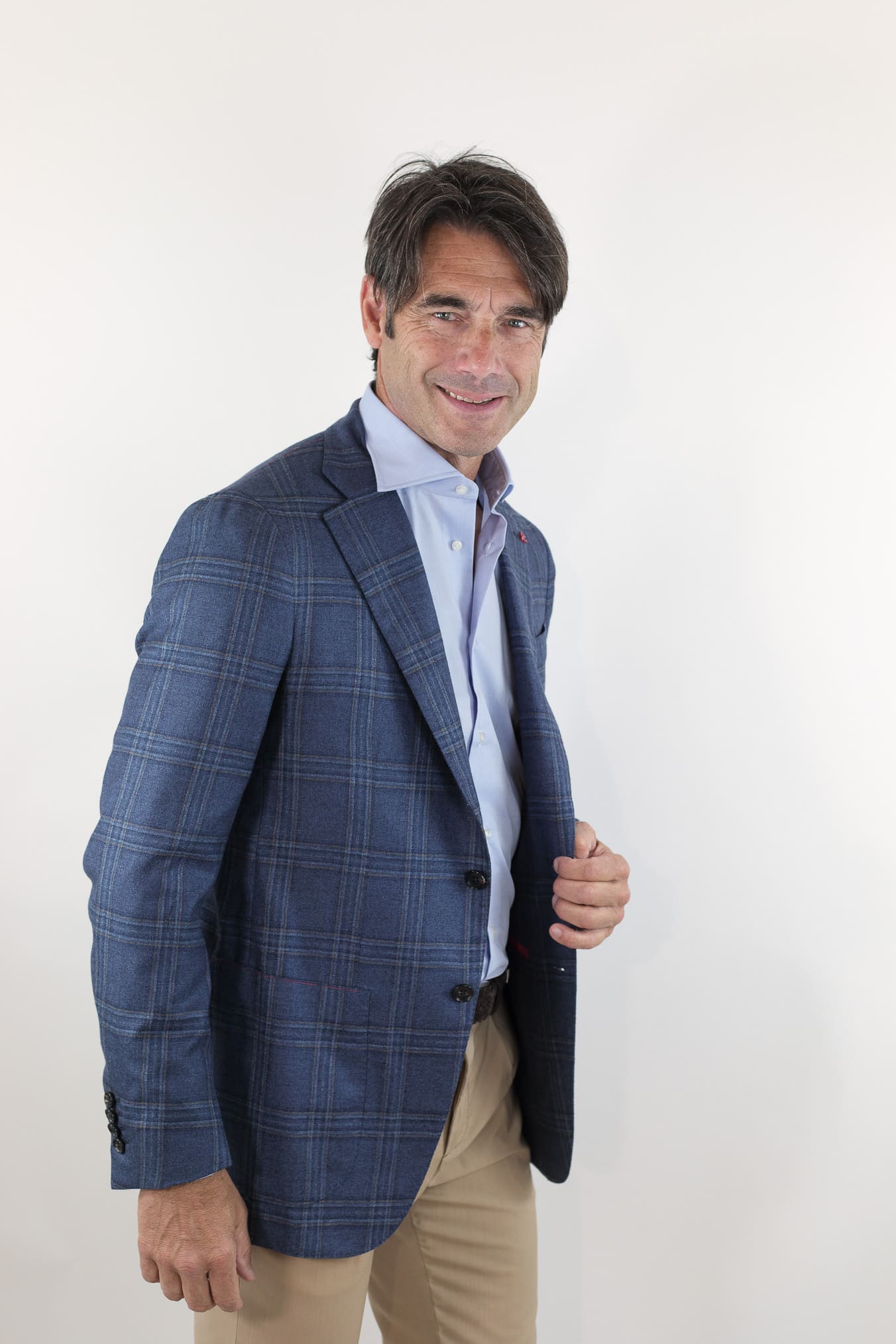 ISAIA Giacca Check Blu Seta e Cashmere