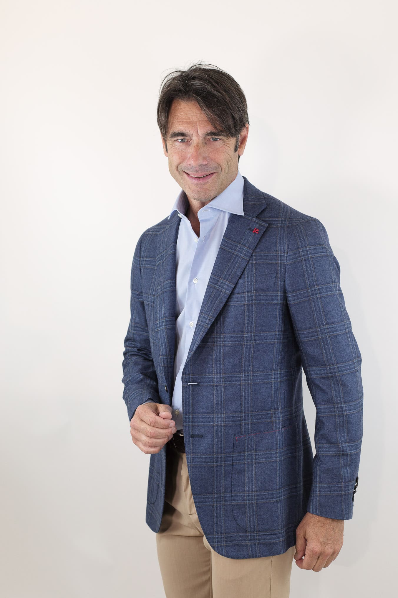 ISAIA Giacca Check Blu Seta e Cashmere
