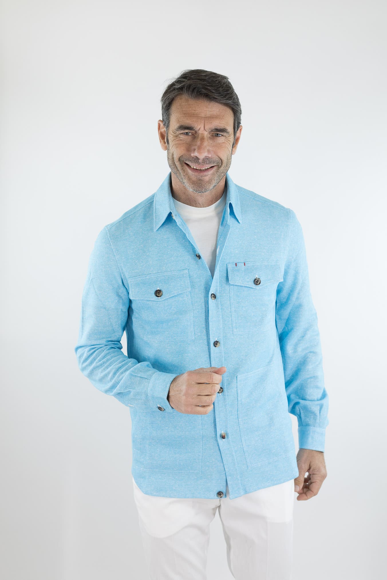ISAIA Overshirt Lino Cotone Turchese Mélange