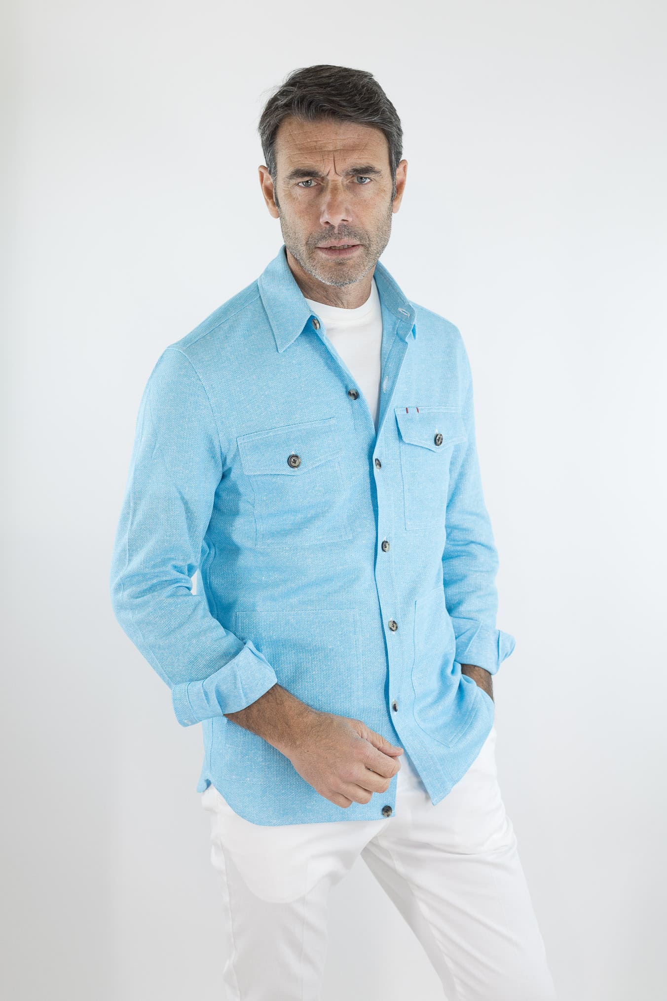 ISAIA Overshirt Lino Cotone Turchese Mélange