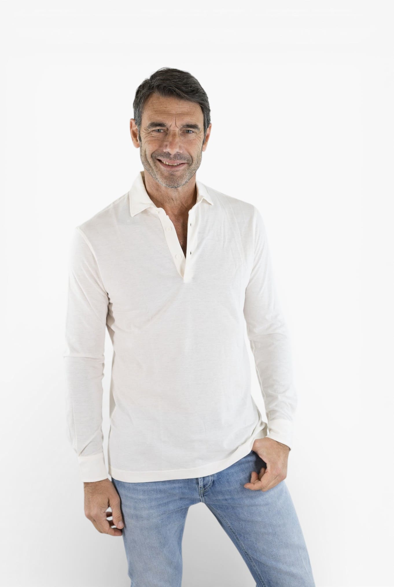 KIRED Polo Maniche Lunghe Cotone Crêpe Bianco