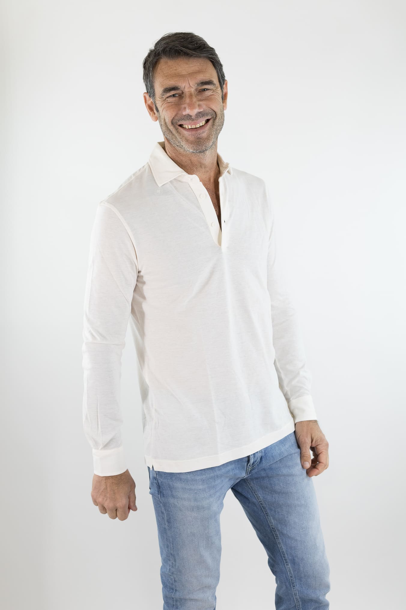 KIRED Polo Maniche Lunghe Cotone Crêpe Bianco