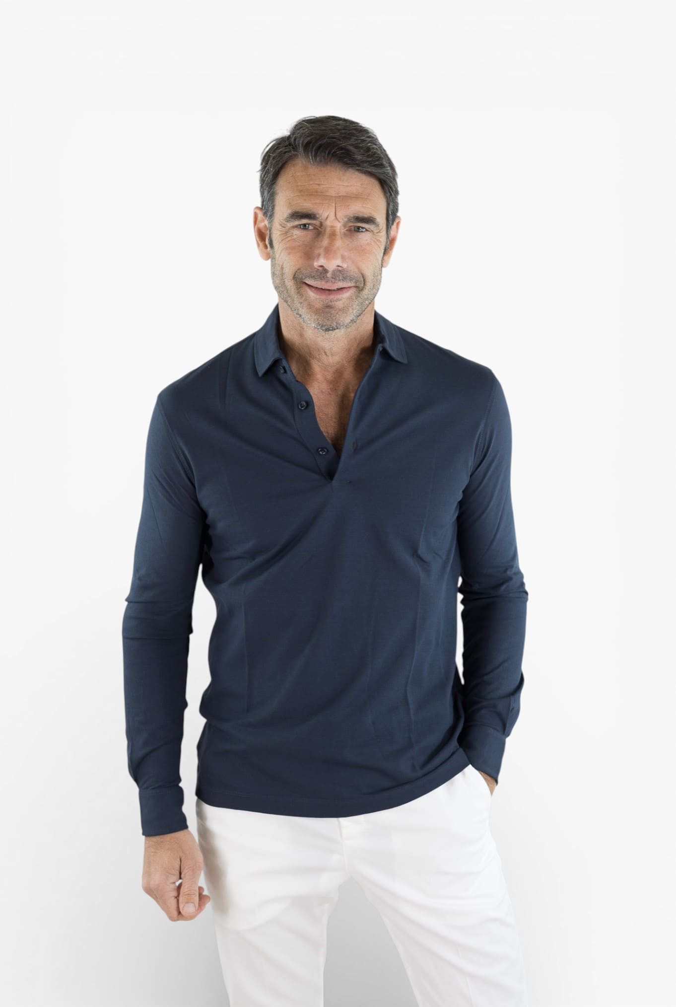 KIRED Polo Maniche Lunghe Cotone Crêpe Blu
