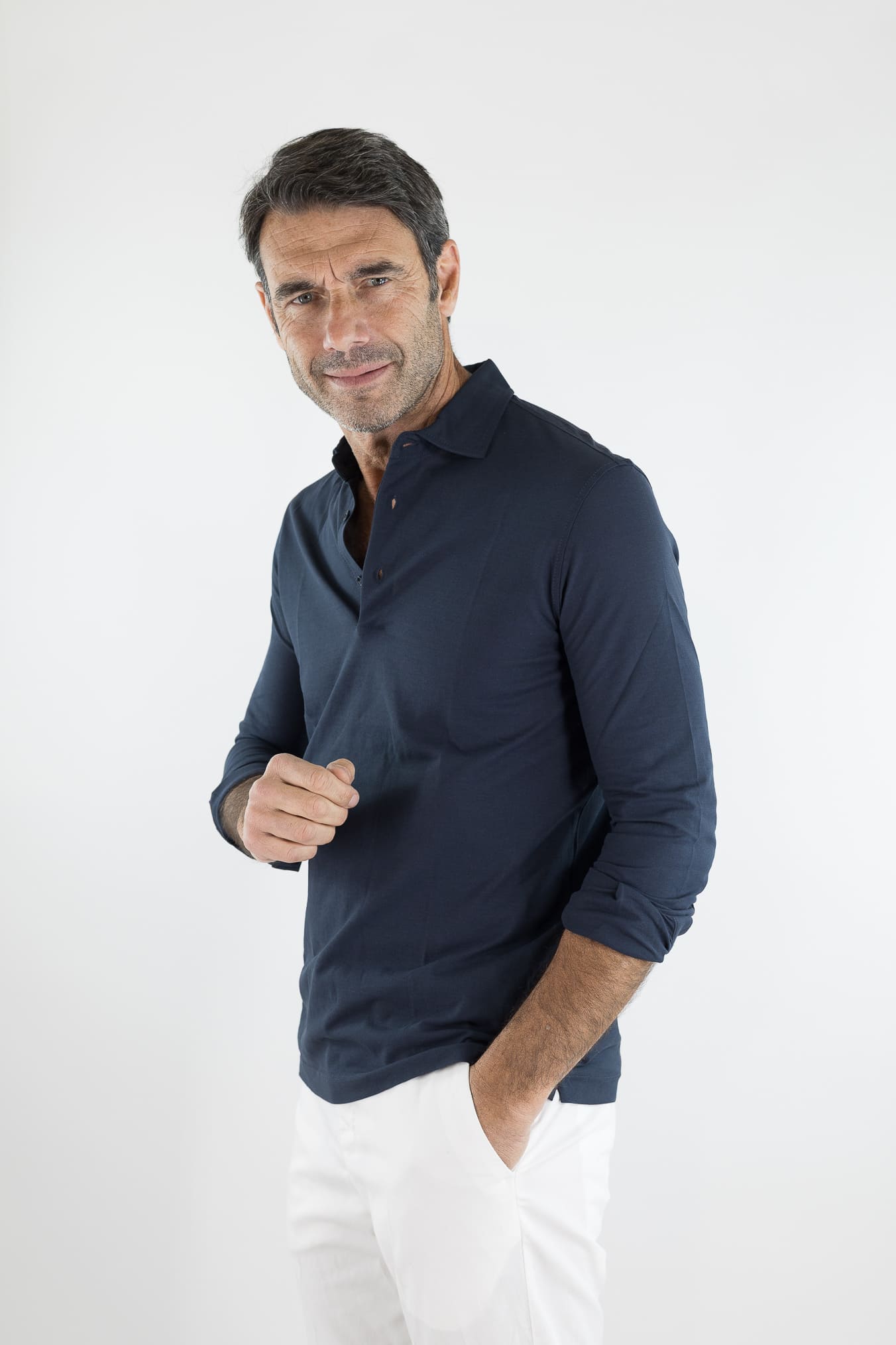 KIRED Polo Maniche Lunghe Cotone Crêpe Blu