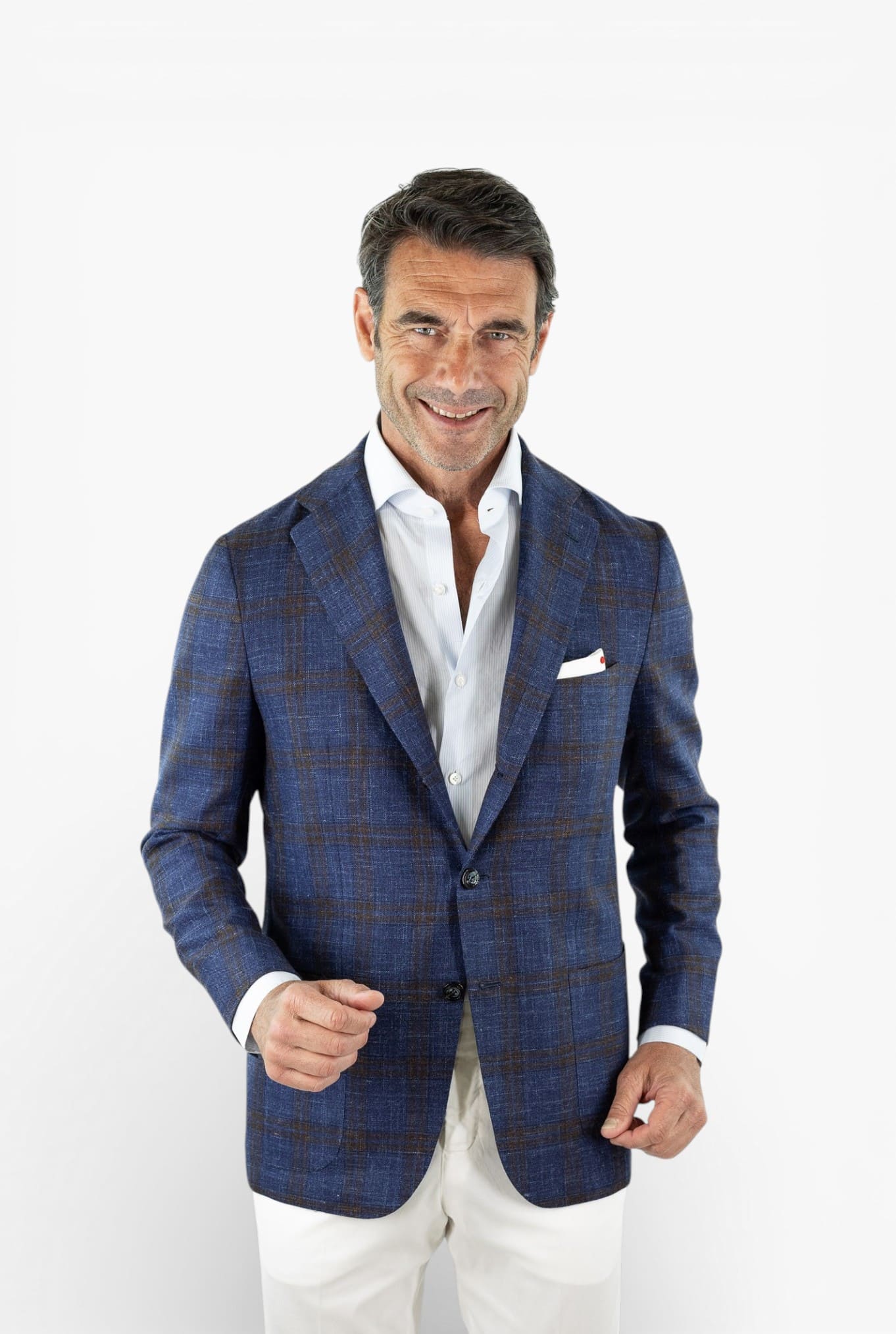 KITON Giacca Check Lana Seta Lino Blu Marrone