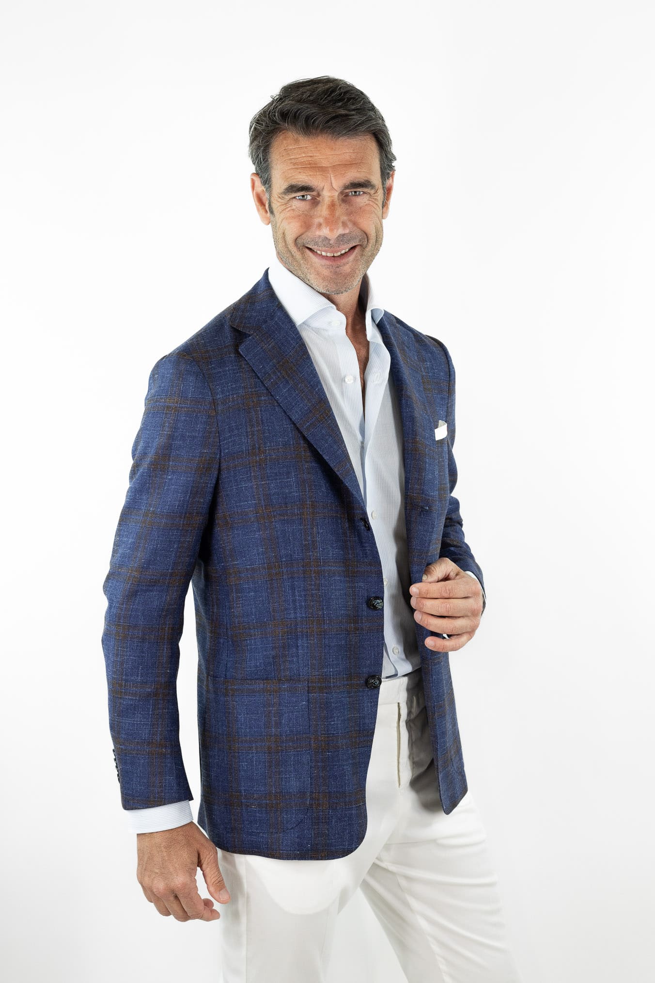 KITON Giacca Check Lana Seta Lino Blu Marrone