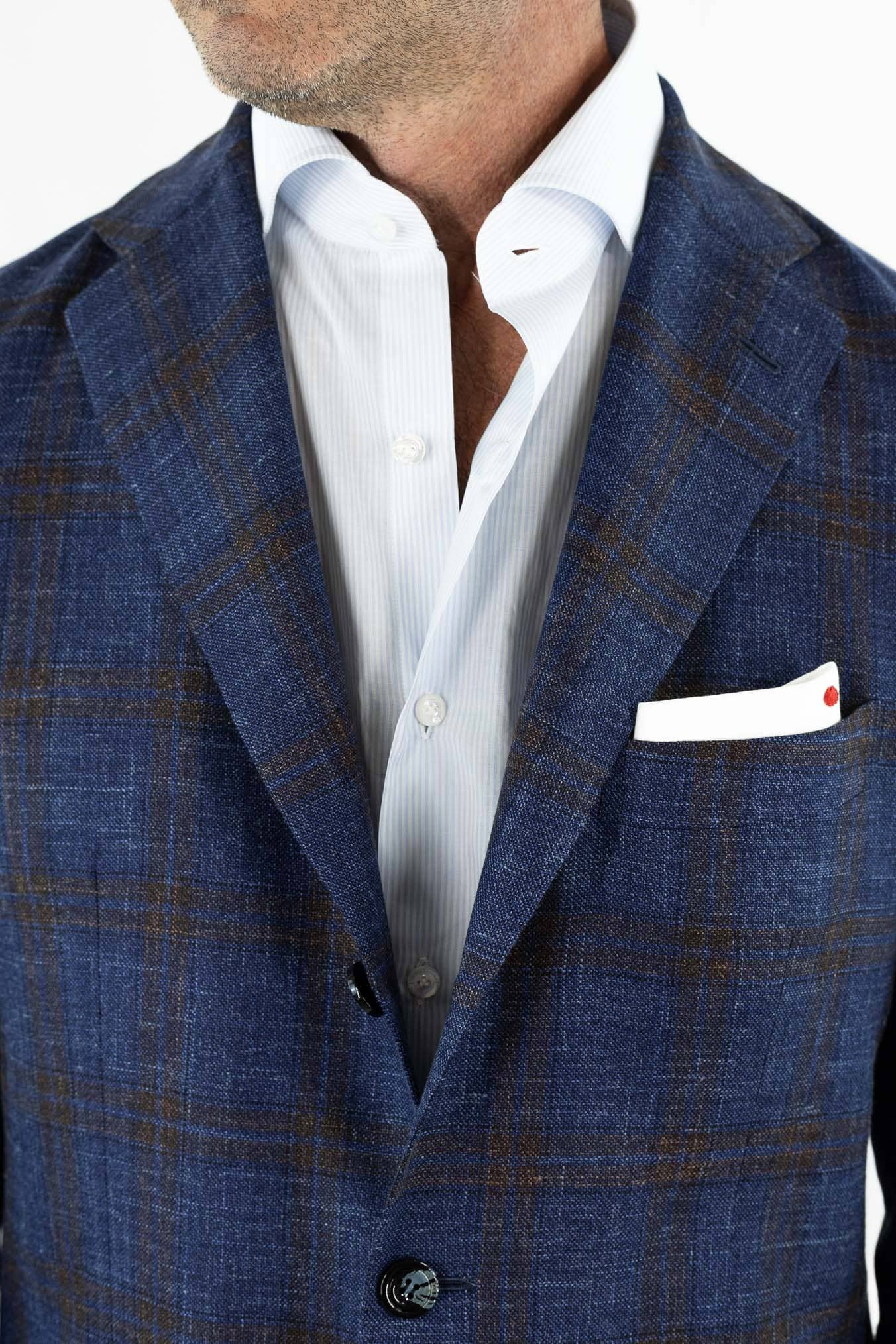 KITON Giacca Check Lana Seta Lino Blu Marrone