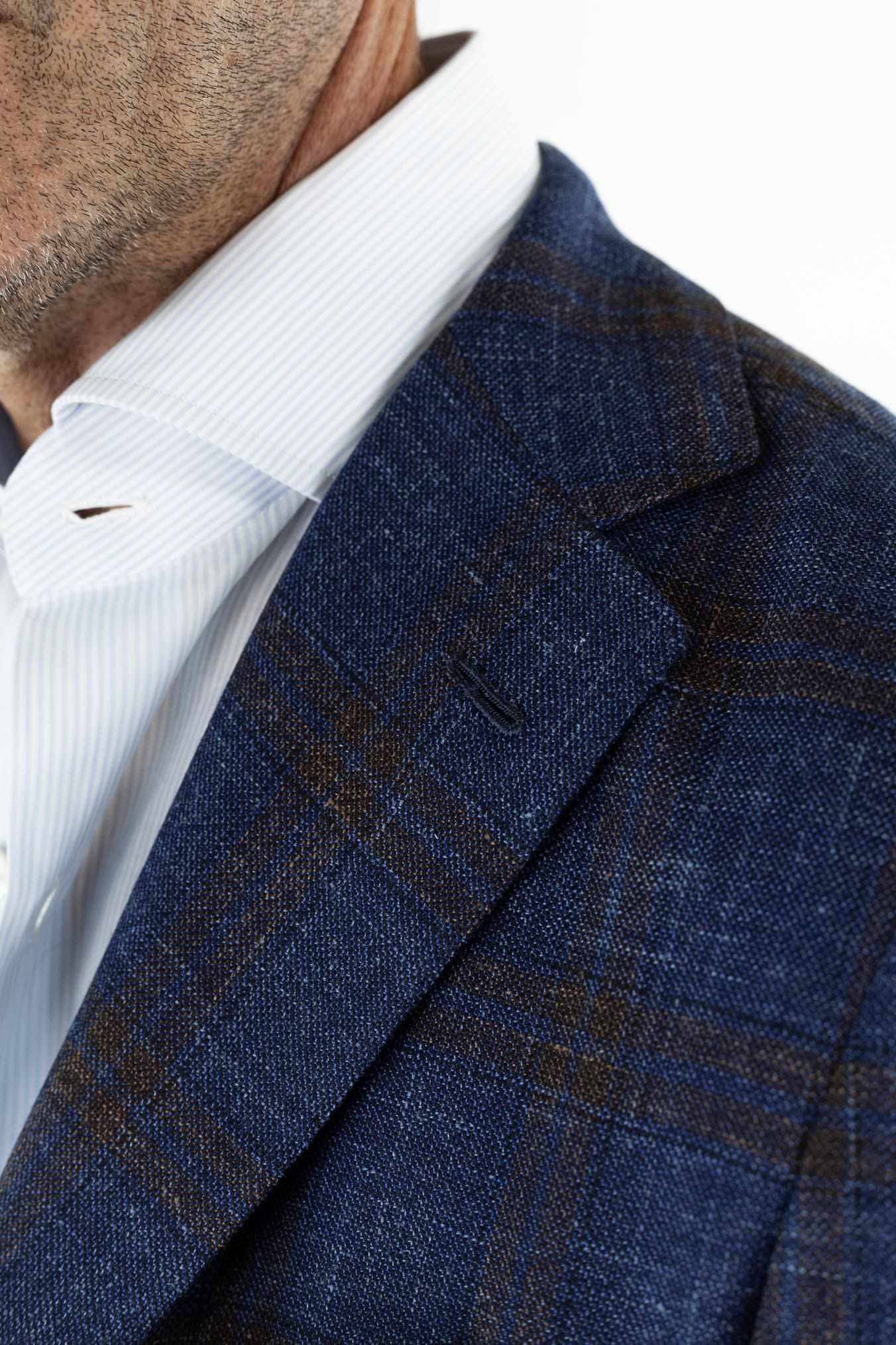 KITON Giacca Check Lana Seta Lino Blu Marrone