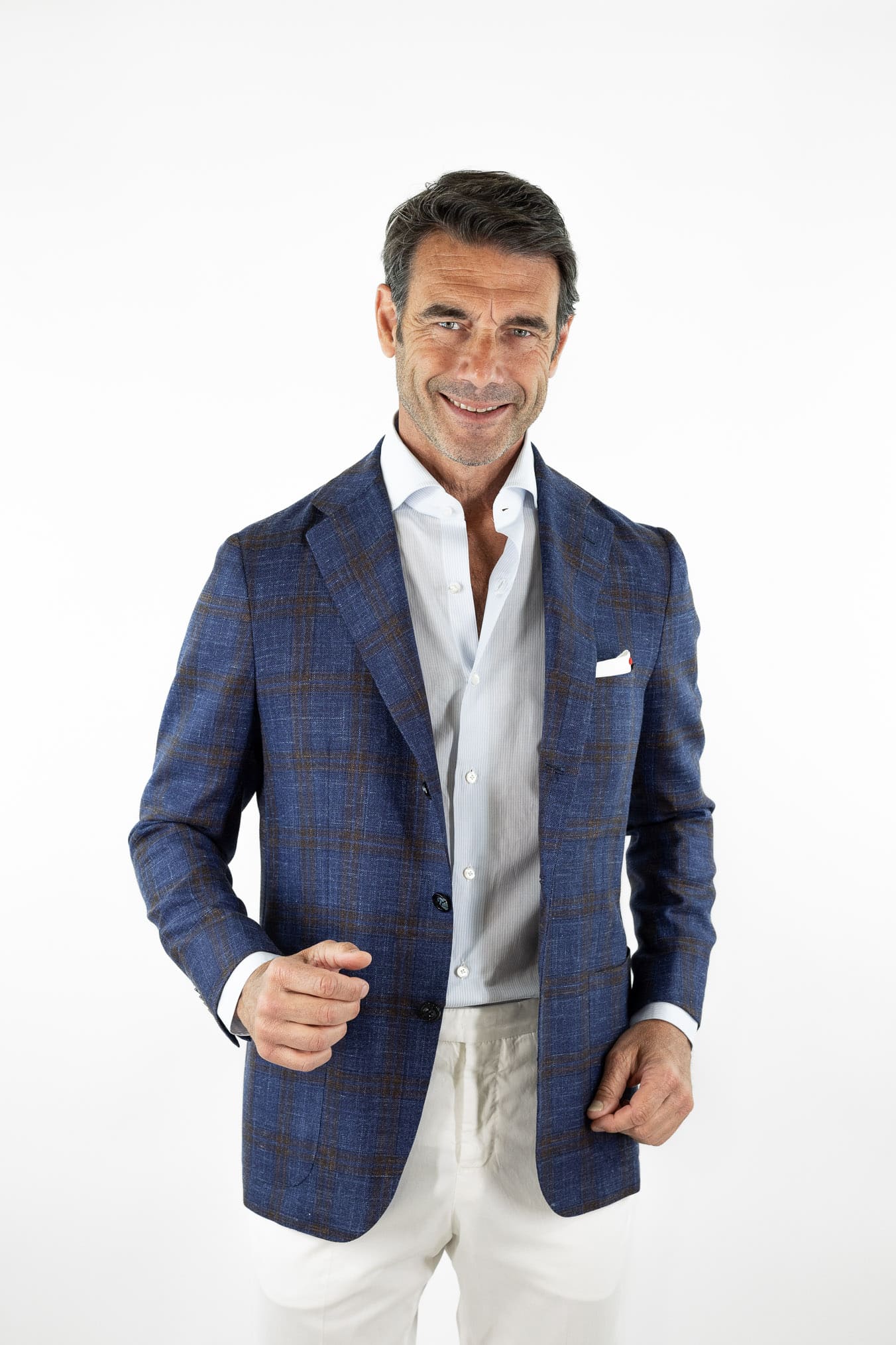KITON Giacca Check Lana Seta Lino Blu Marrone