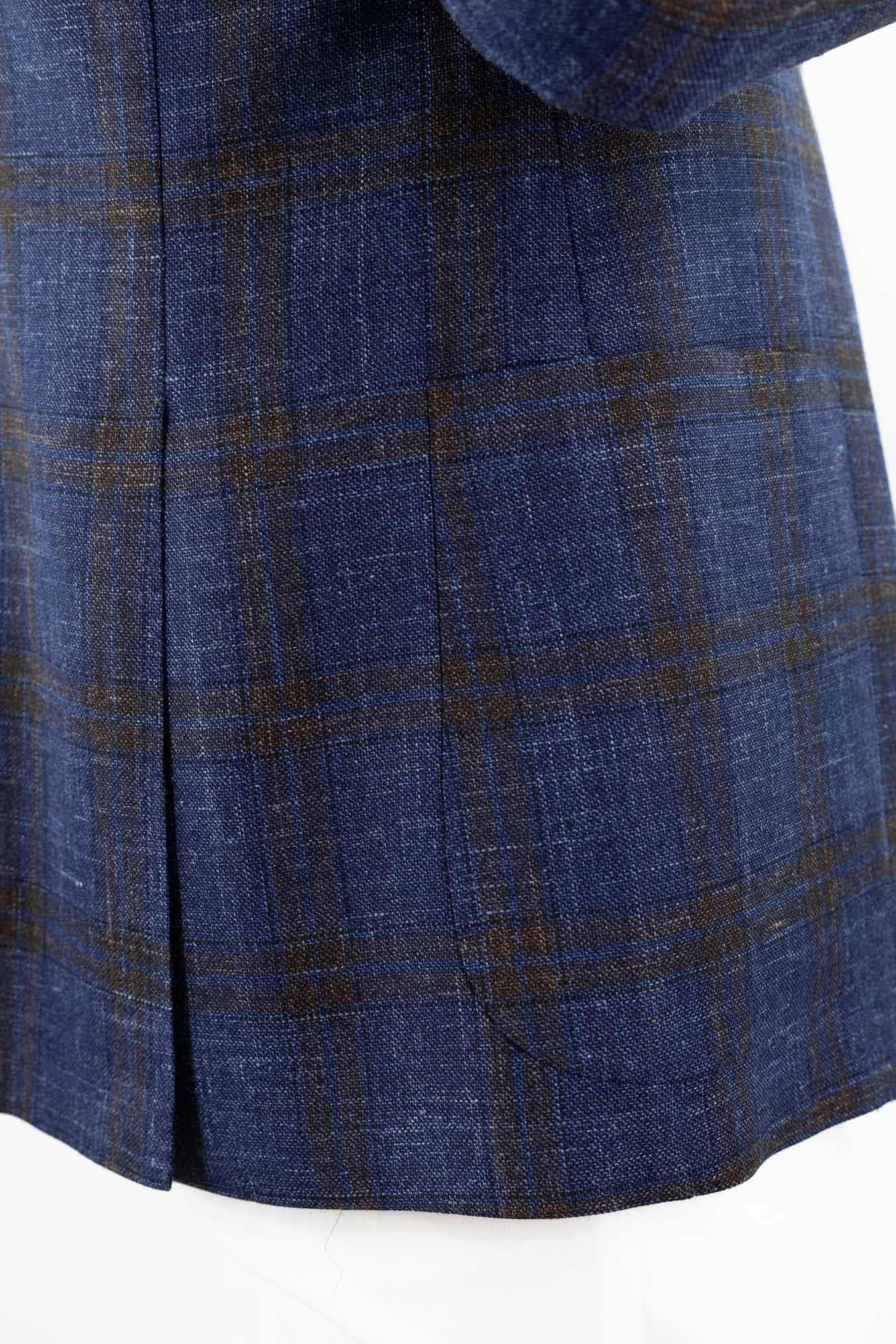 KITON Giacca Check Lana Seta Lino Blu Marrone