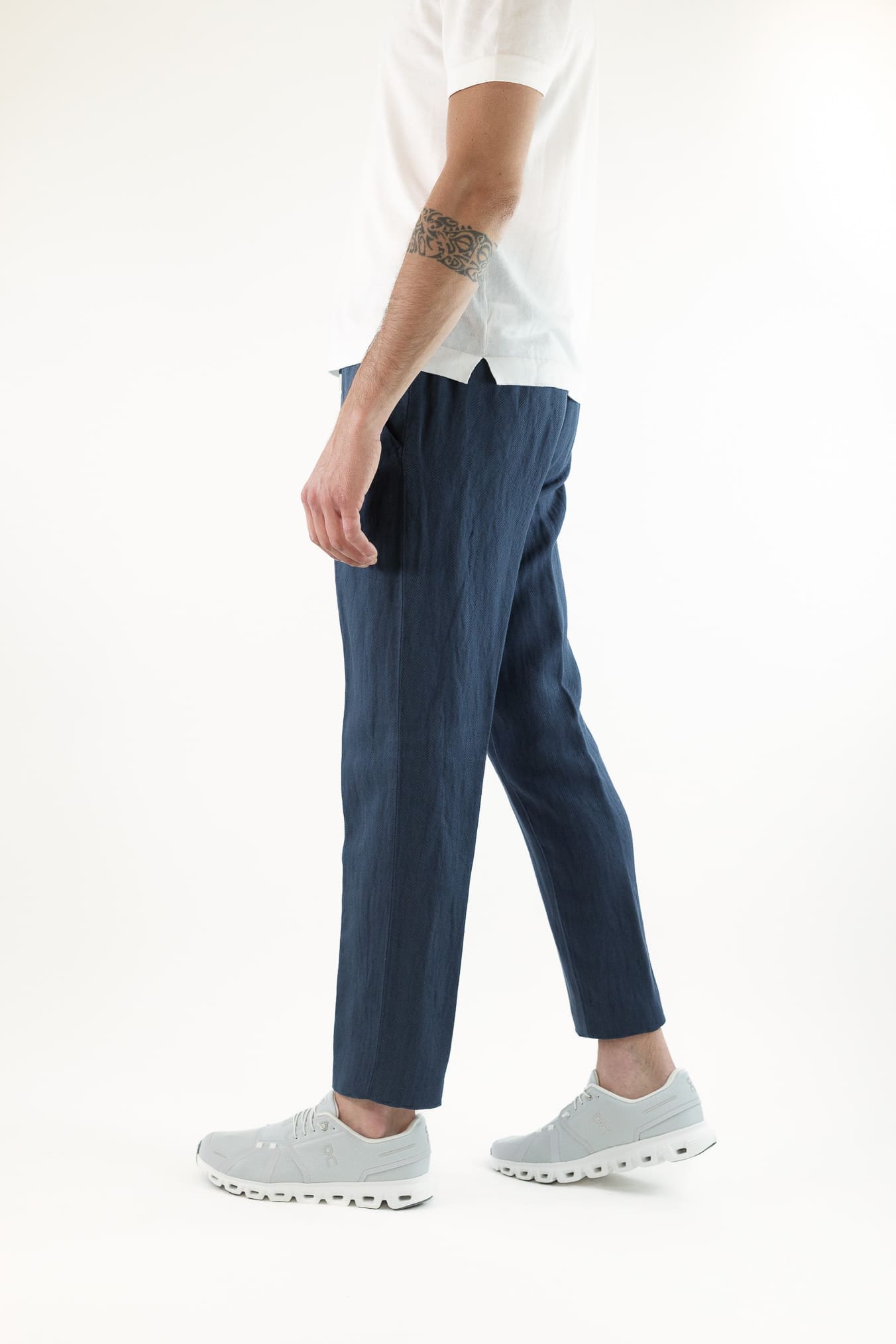 MYTHS Pantaloni Spigati Cotone Lino Blu Medio