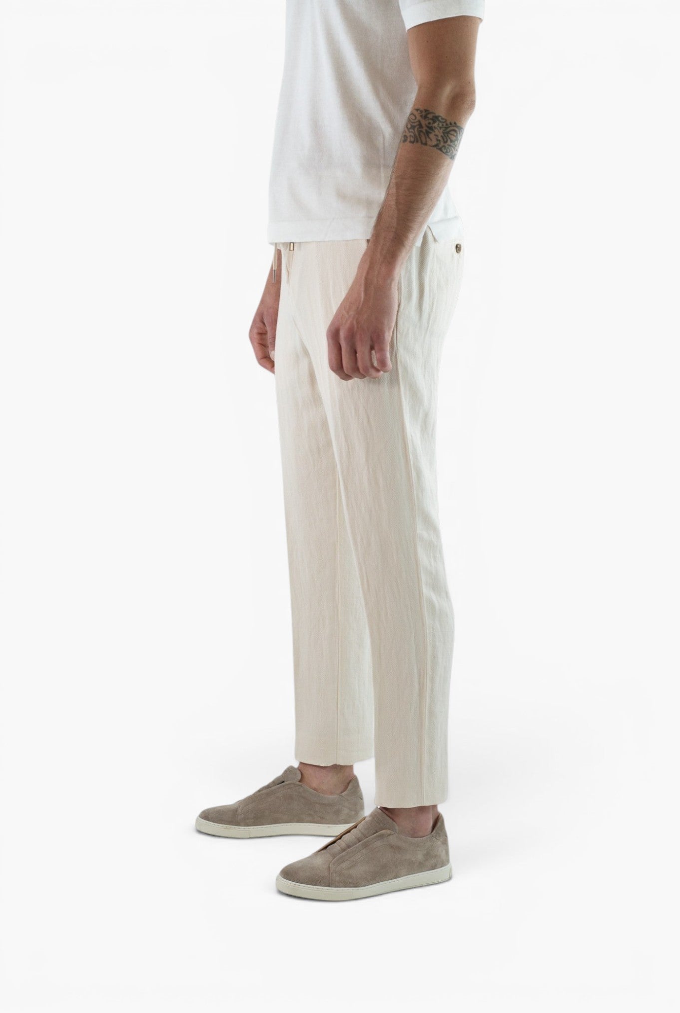 MYTHS Pantaloni Spigati Cotone Lino Panna