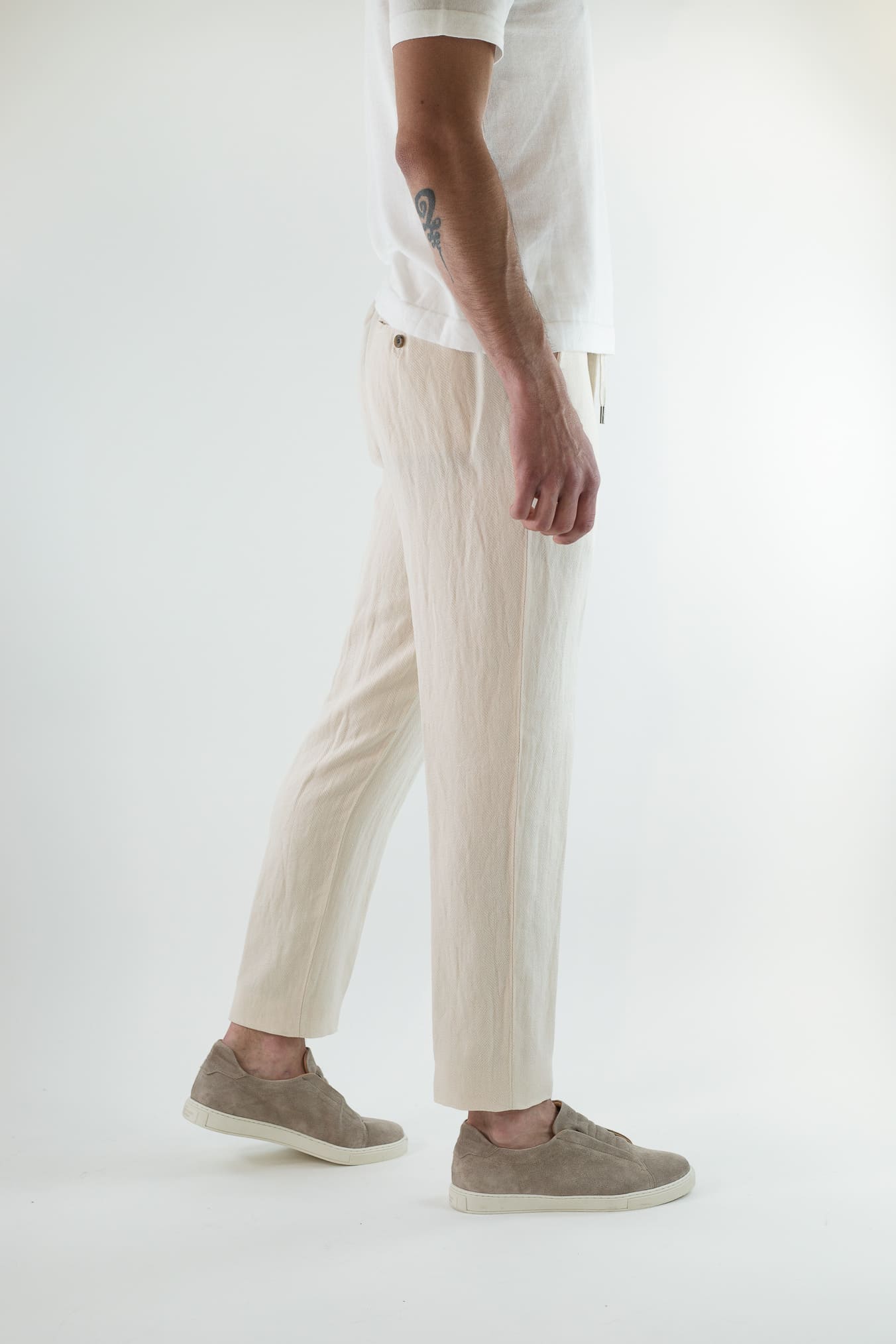 MYTHS Pantaloni Spigati Cotone Lino Panna