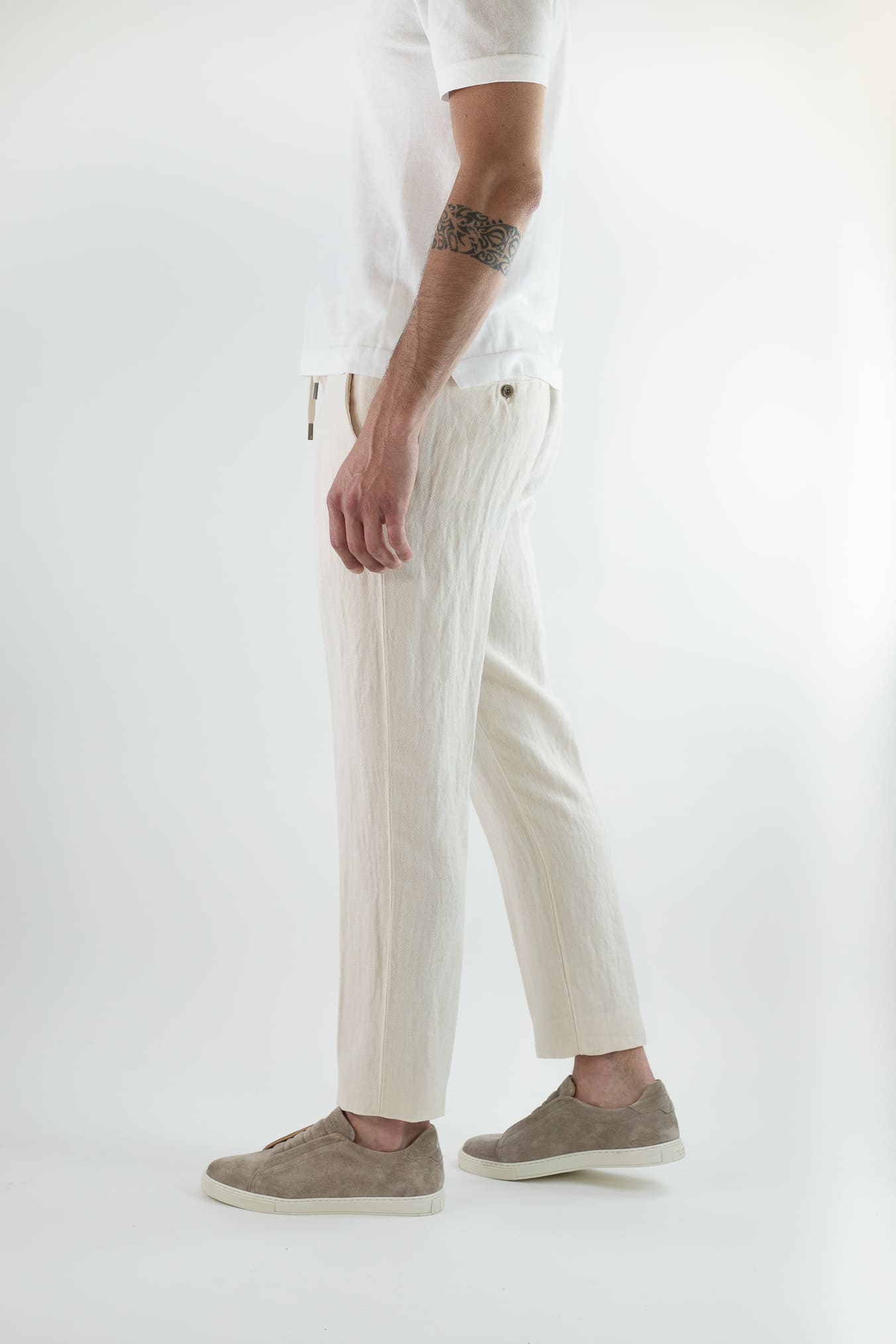 MYTHS Pantaloni Spigati Cotone Lino Panna
