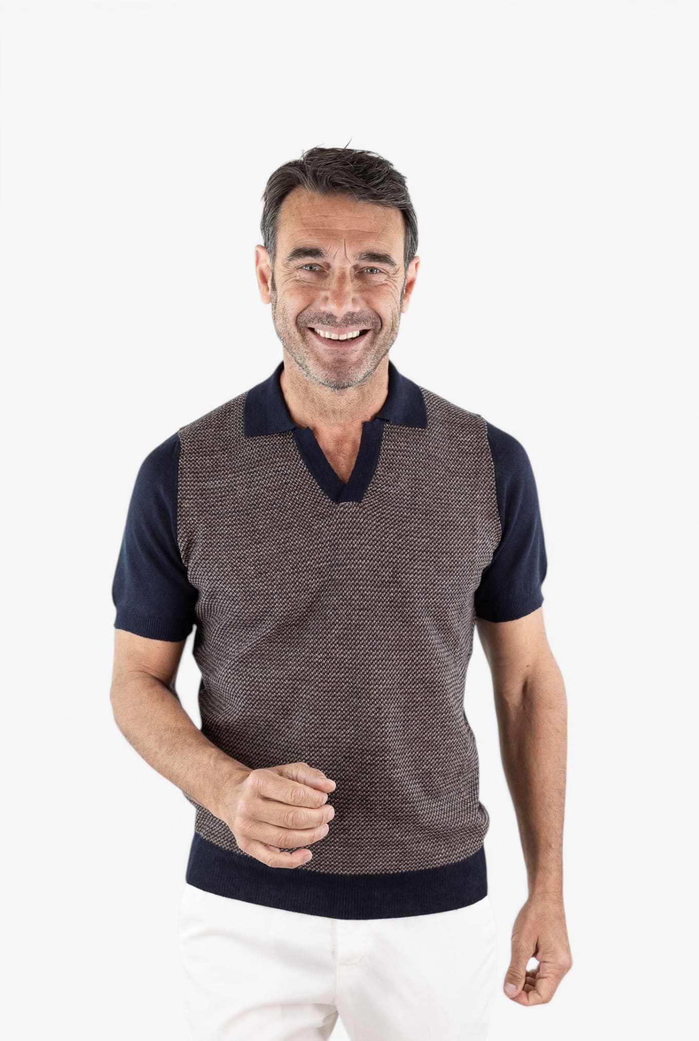 OTTAVIANI Polo Skipper Bicolore Cotone Lino Marrone/Blu