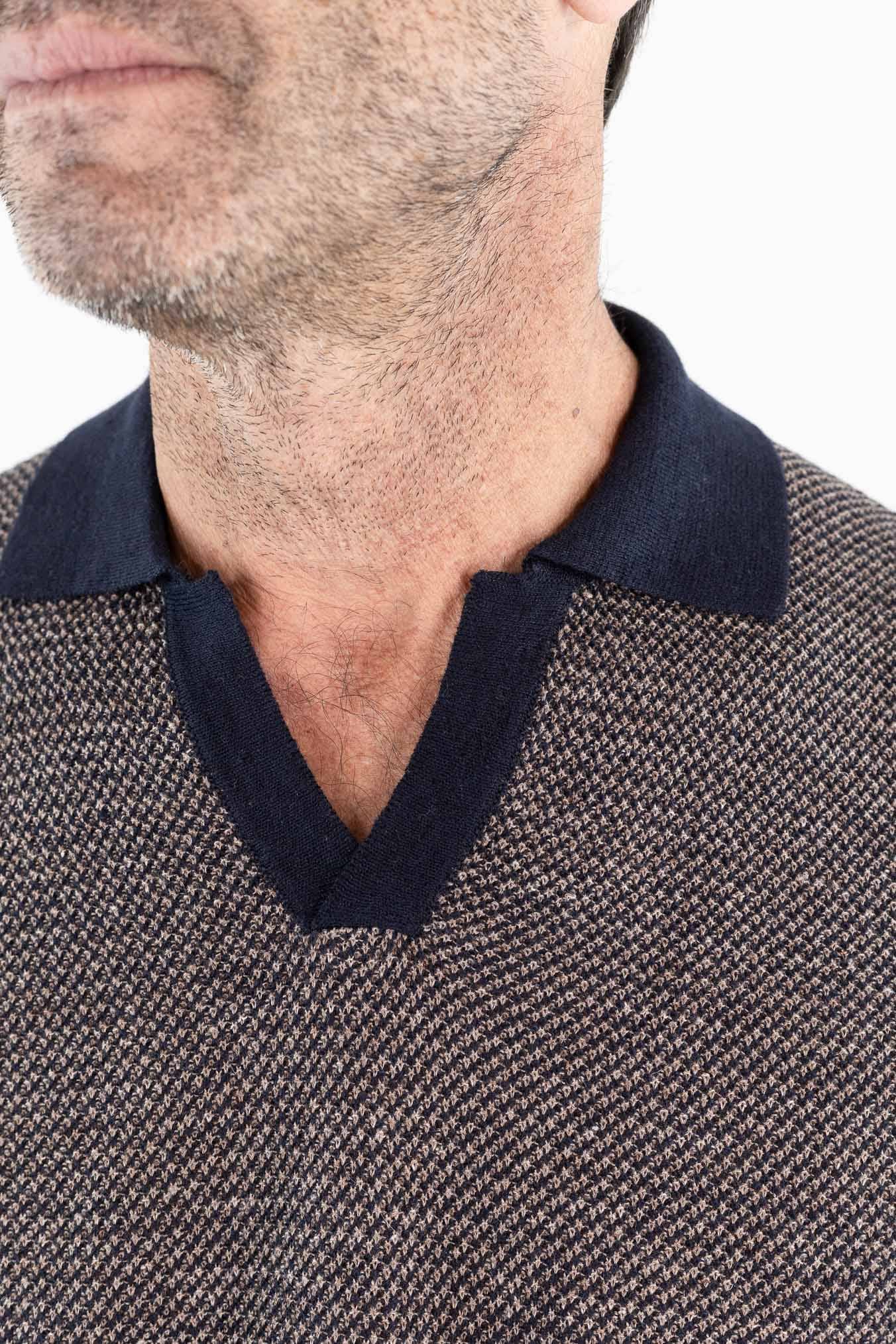 OTTAVIANI Polo Skipper Bicolore Cotone Lino Marrone/Blu
