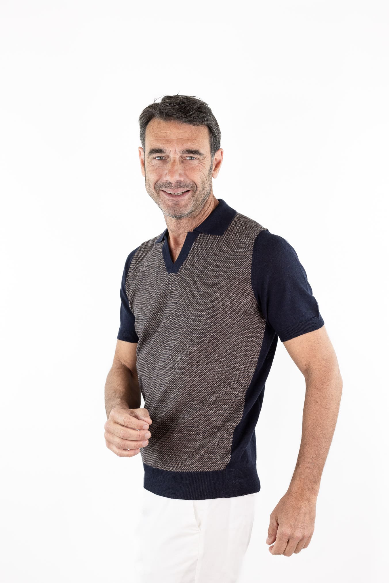 OTTAVIANI Polo Skipper Bicolore Cotone Lino Marrone/Blu