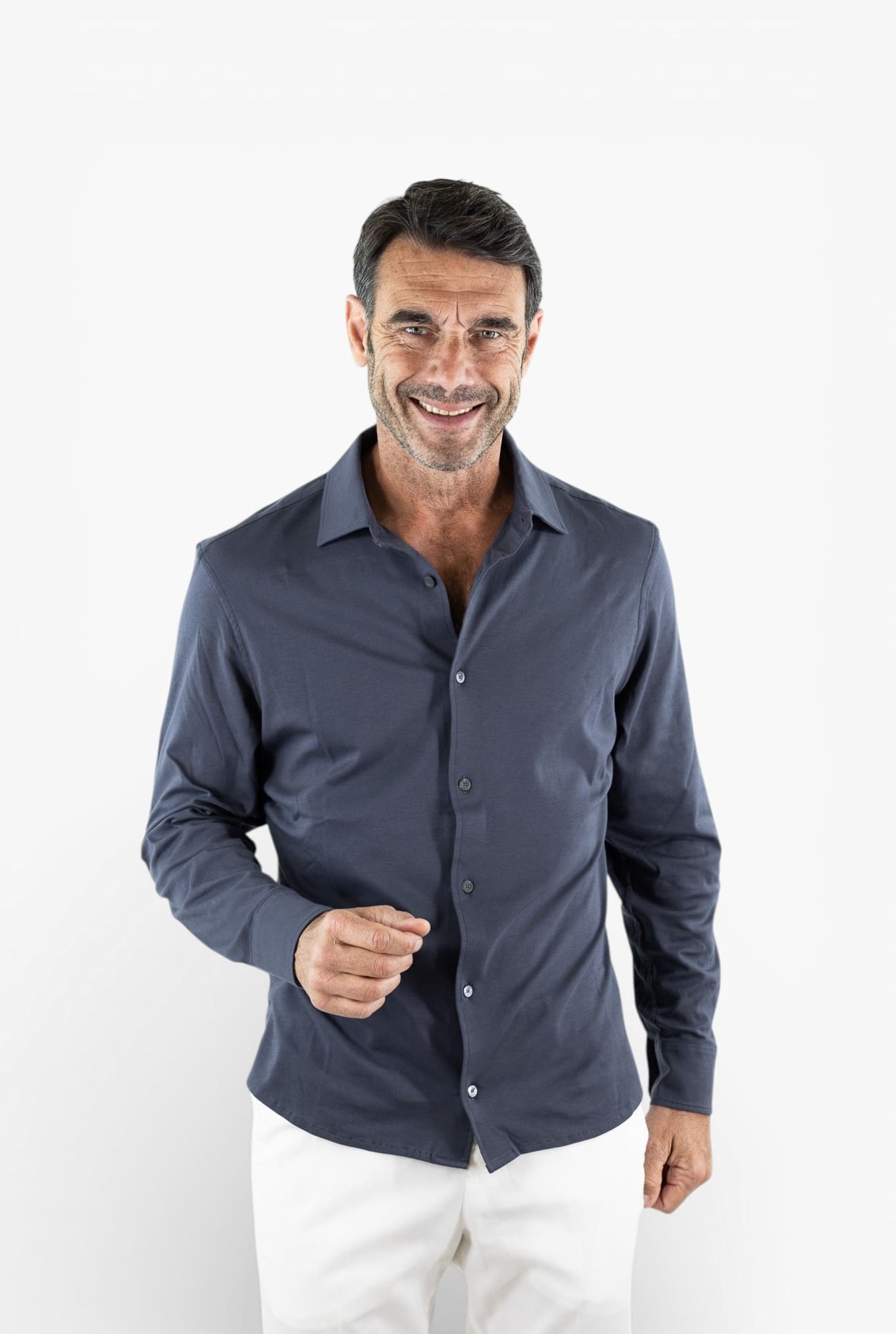 PIACENZA CASHMERE Camicia Jersey Cotone Interlock Blu Ardesia