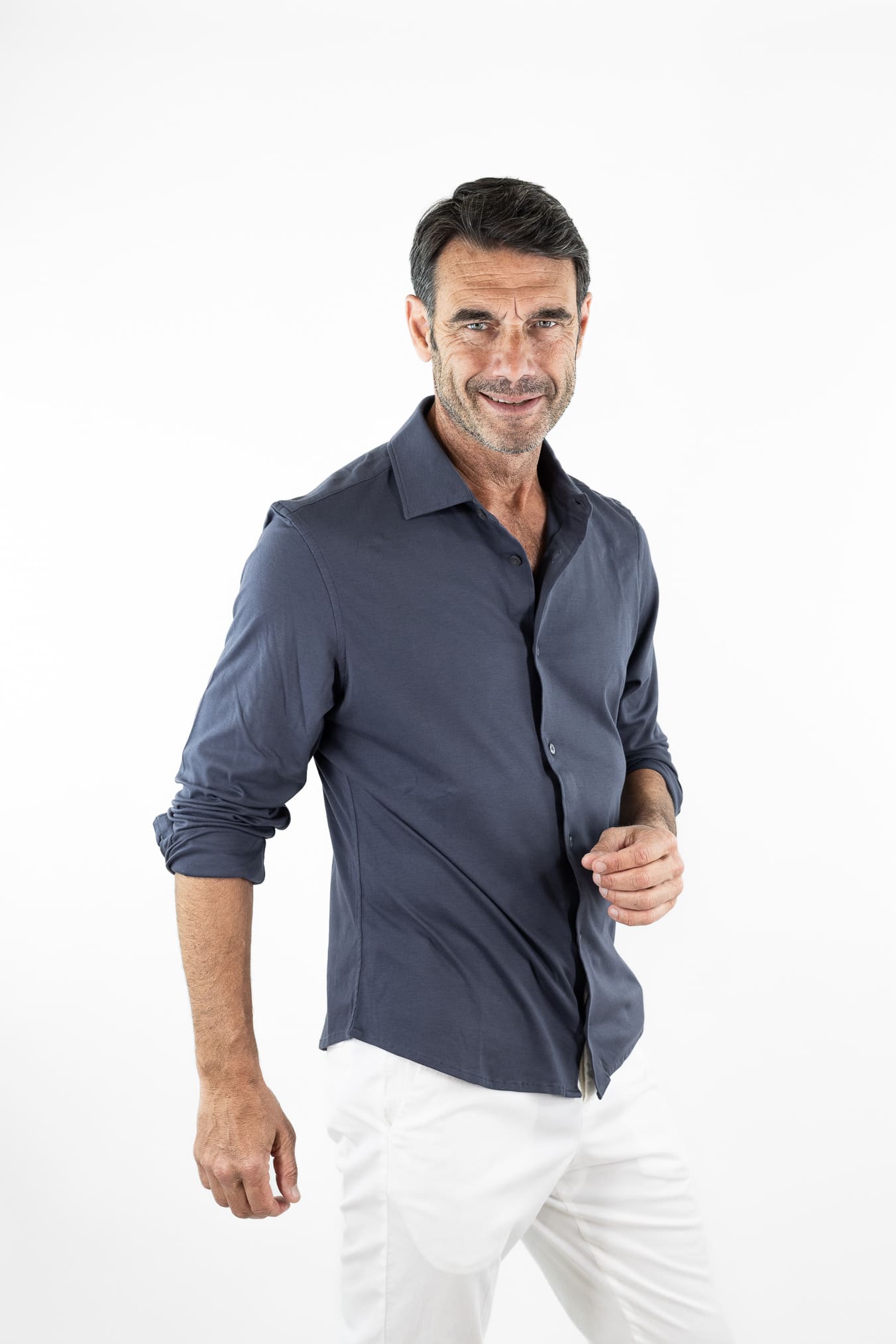 PIACENZA CASHMERE Camicia Jersey Cotone Interlock Blu Ardesia