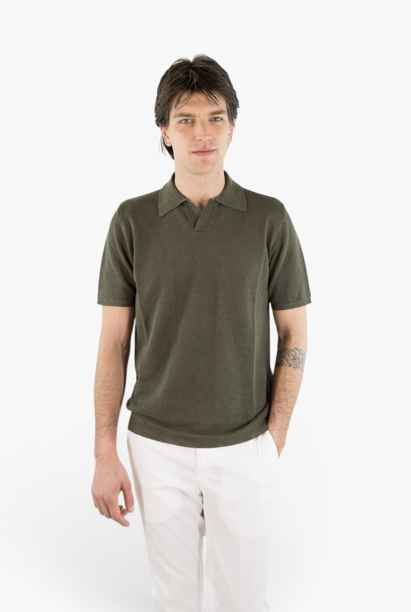 ROBERTO COLLINA Polo Skipper Lino Piquet Verde Militare